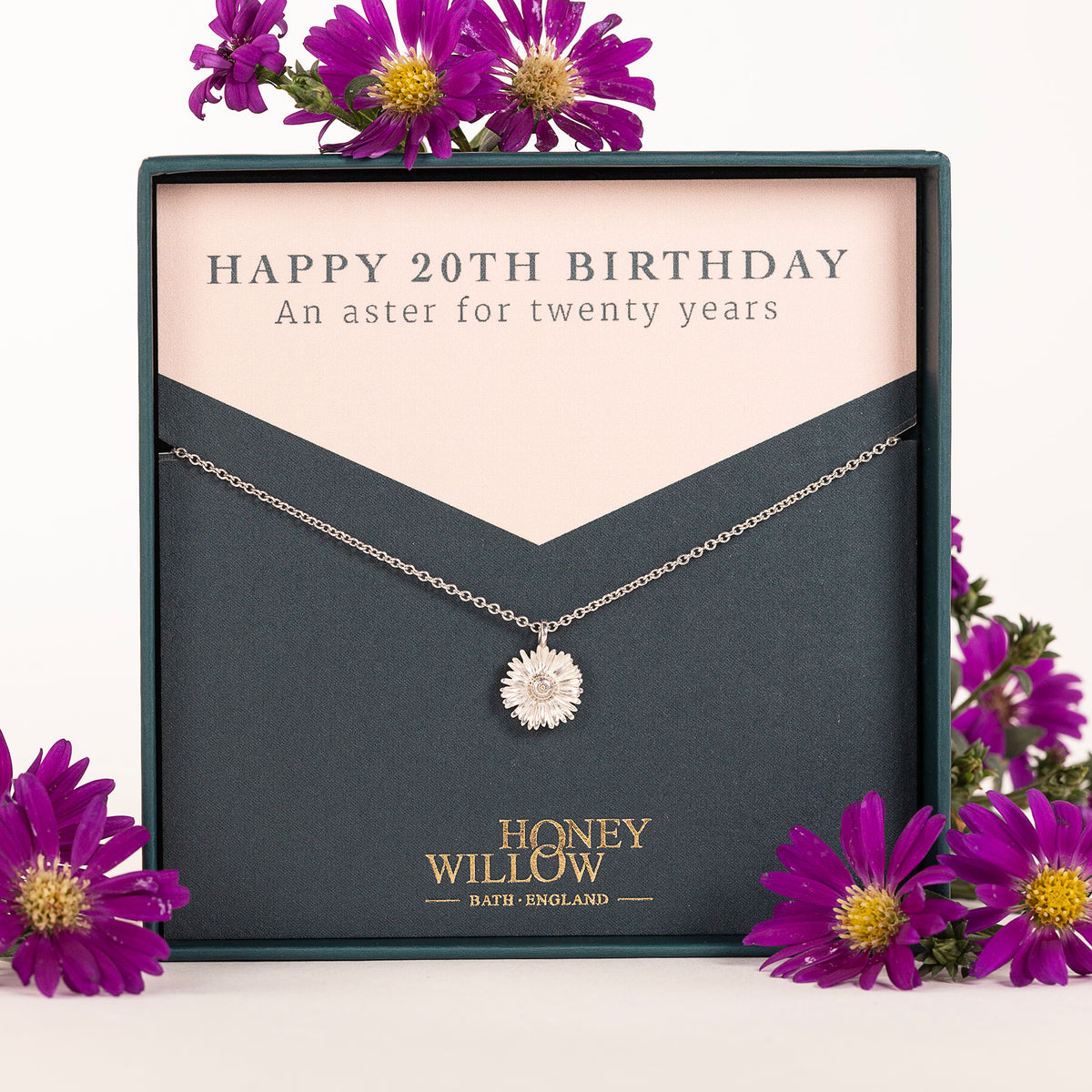 20th Birthday Gift Aster Flower Necklace - Silver