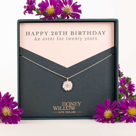 20th Birthday Gift Aster Flower Necklace - Silver