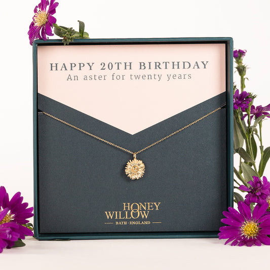 20th Birthday Gift - Aster Flower Necklace - 9ct Gold