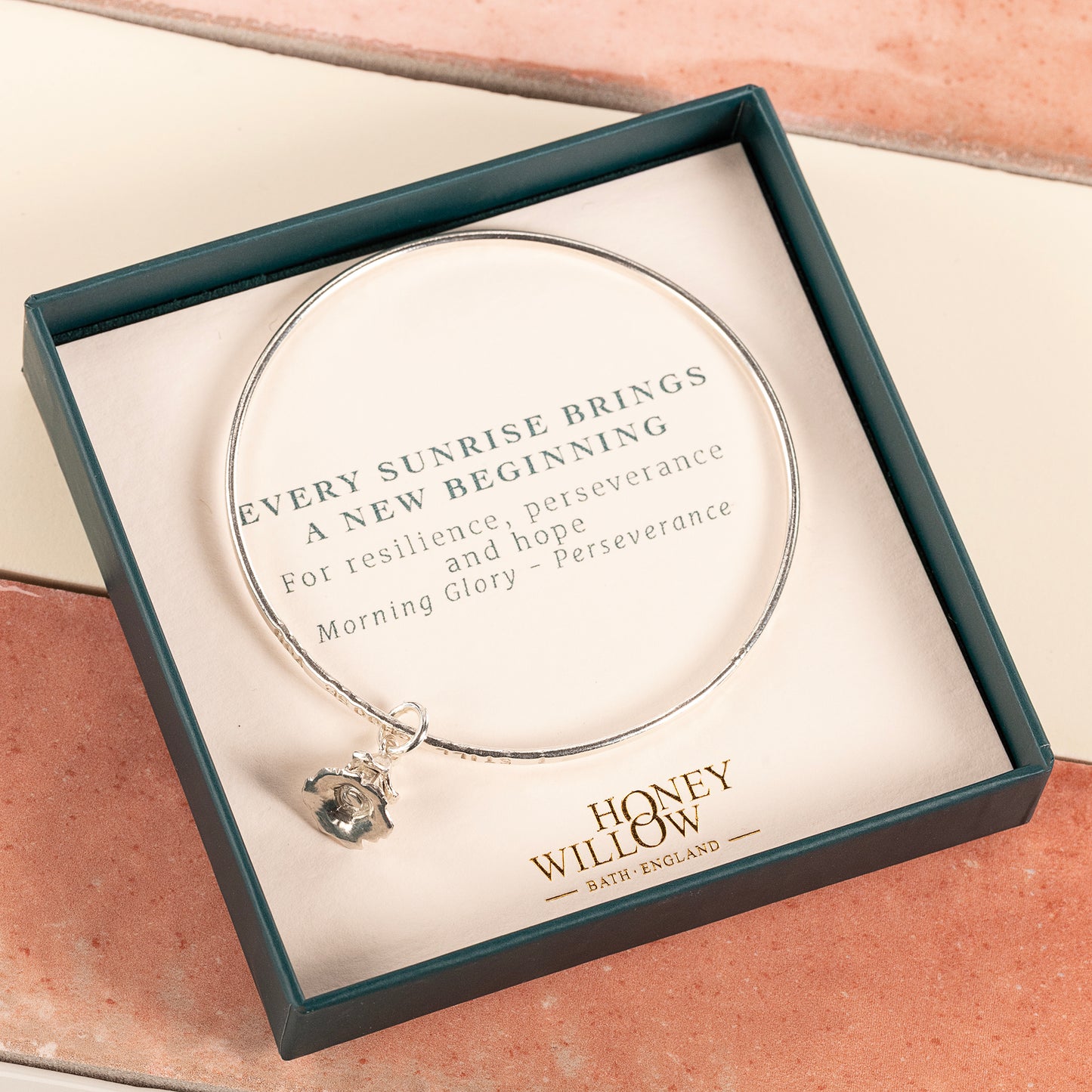 New Beginning Gift - Personalised Morning Glory Flower Bangle - Silver