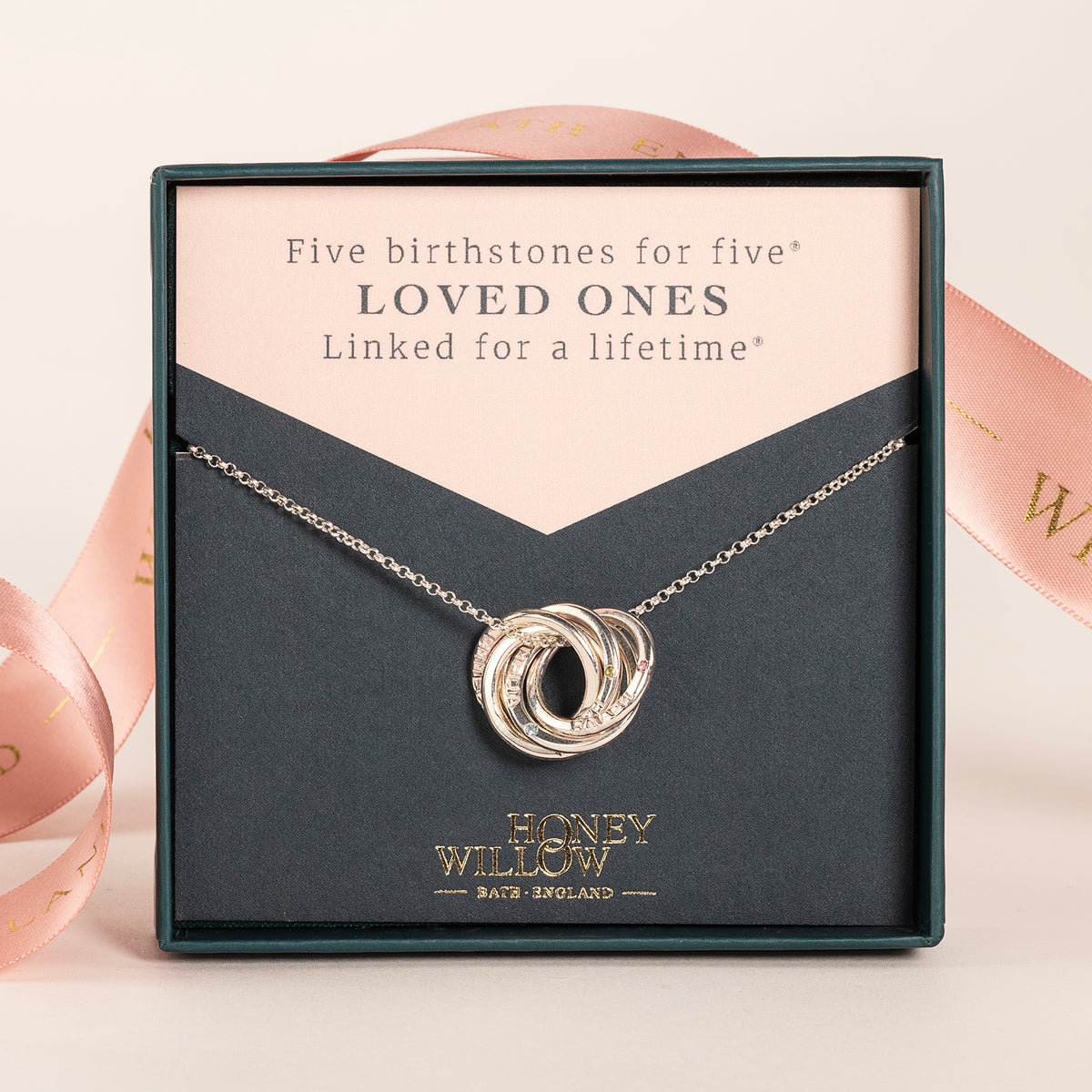 Personalised Family Names & Birthstones Necklace - 5 Birthstones for 5 Loved Ones - Petite Silver