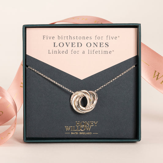 Personalised Family Names & Birthstones Necklace - 5 Birthstones for 5 Loved Ones - Petite Silver