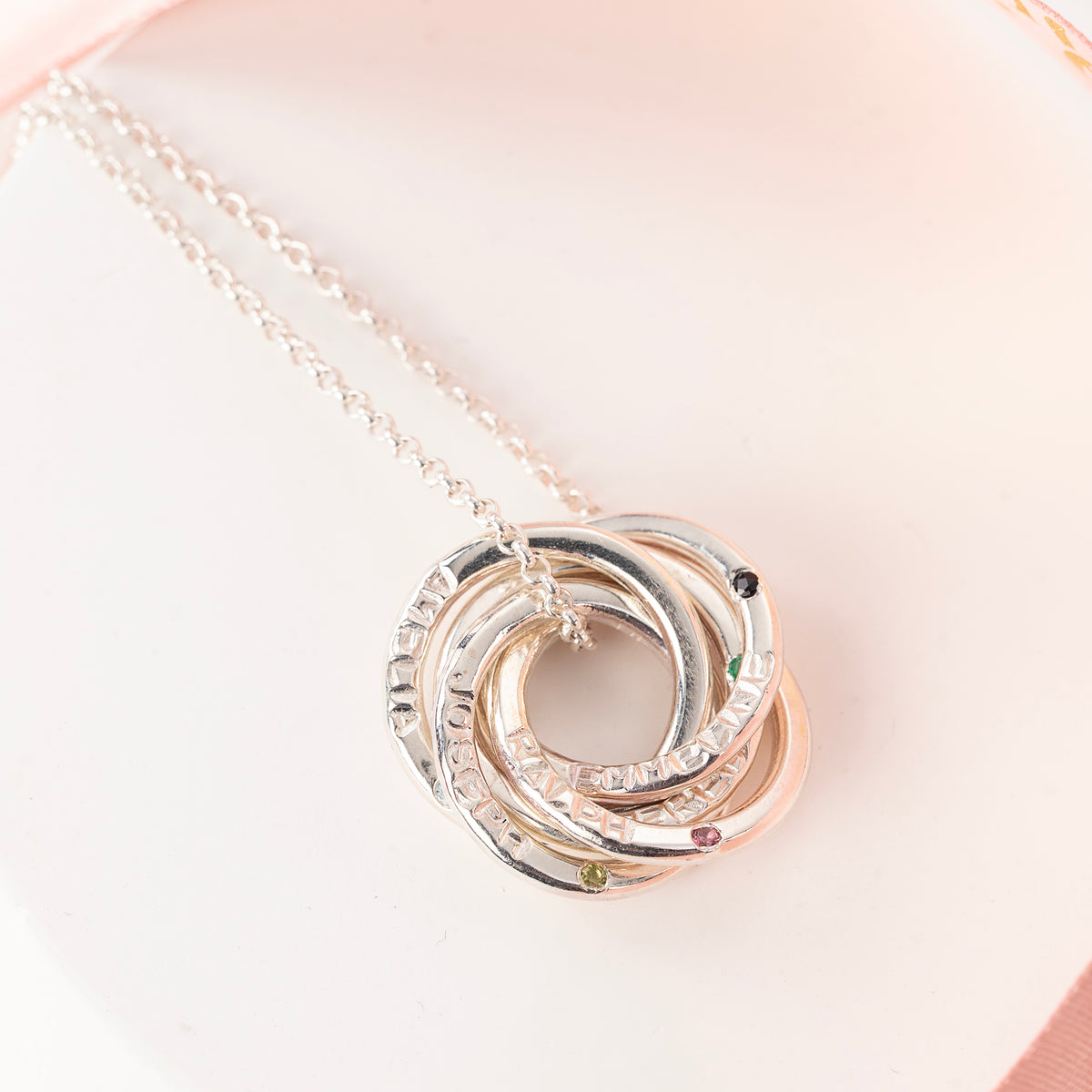 Personalised Family Names & Birthstones Necklace - 5 Birthstones for 5 Loved Ones - Petite Silver