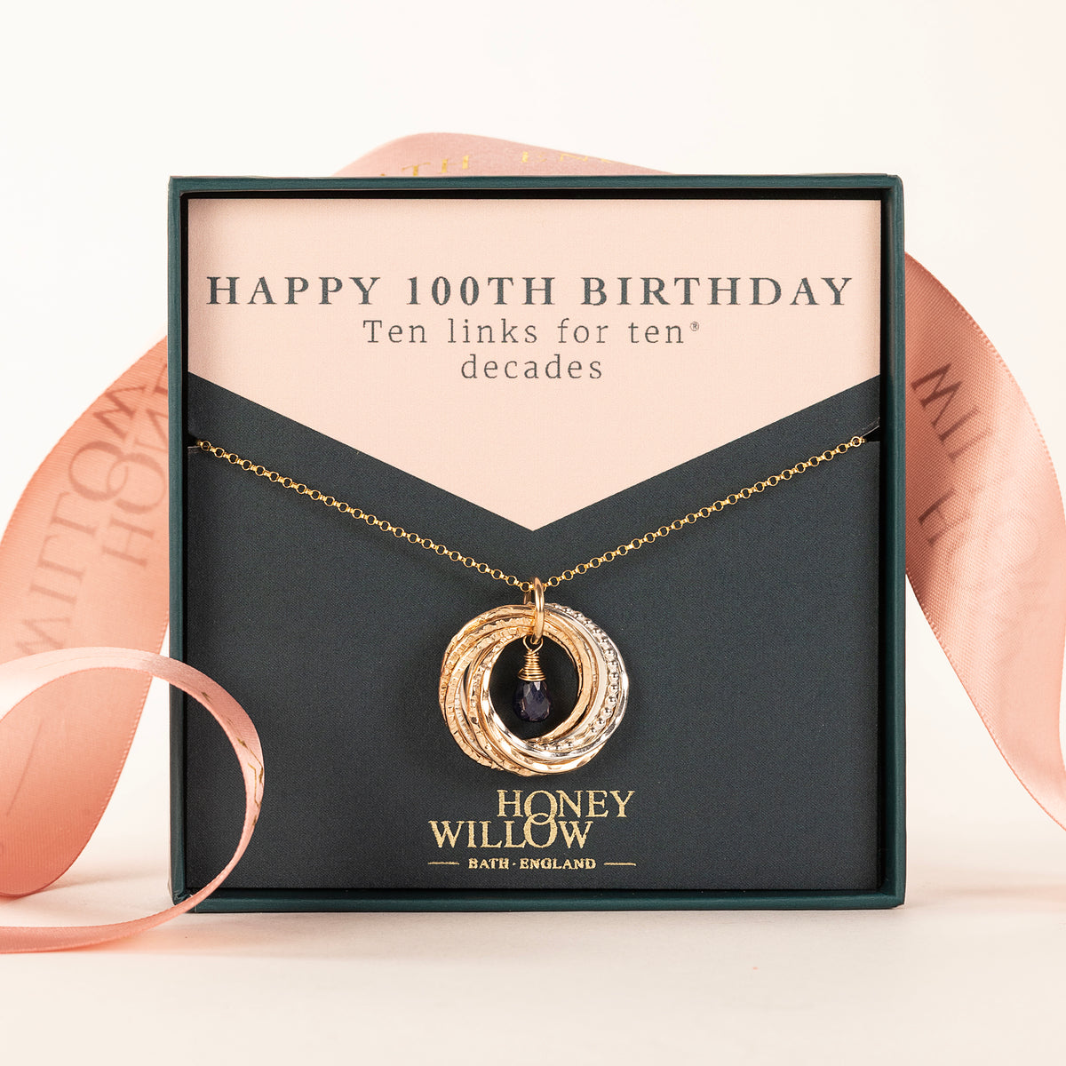 100th Birthday Birthstone Necklace - The Original 10 Links for 10 Decades - Silver & Gold