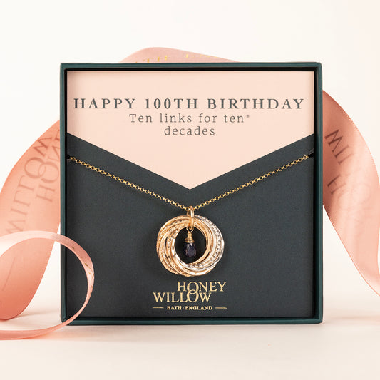 100th Birthday Birthstone Necklace - The Original 10 Links for 10 Decades - Silver & Gold