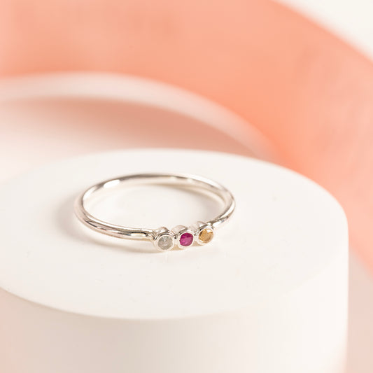 Birthstone Trio Ring - 3 Birthstones for 3 Loved Ones - Silver