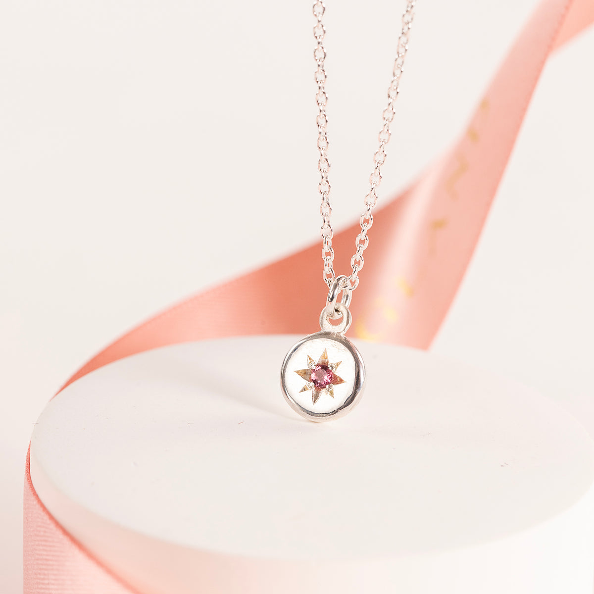 October Birthstone Necklace - Tourmaline Star Set Pendant - Silver