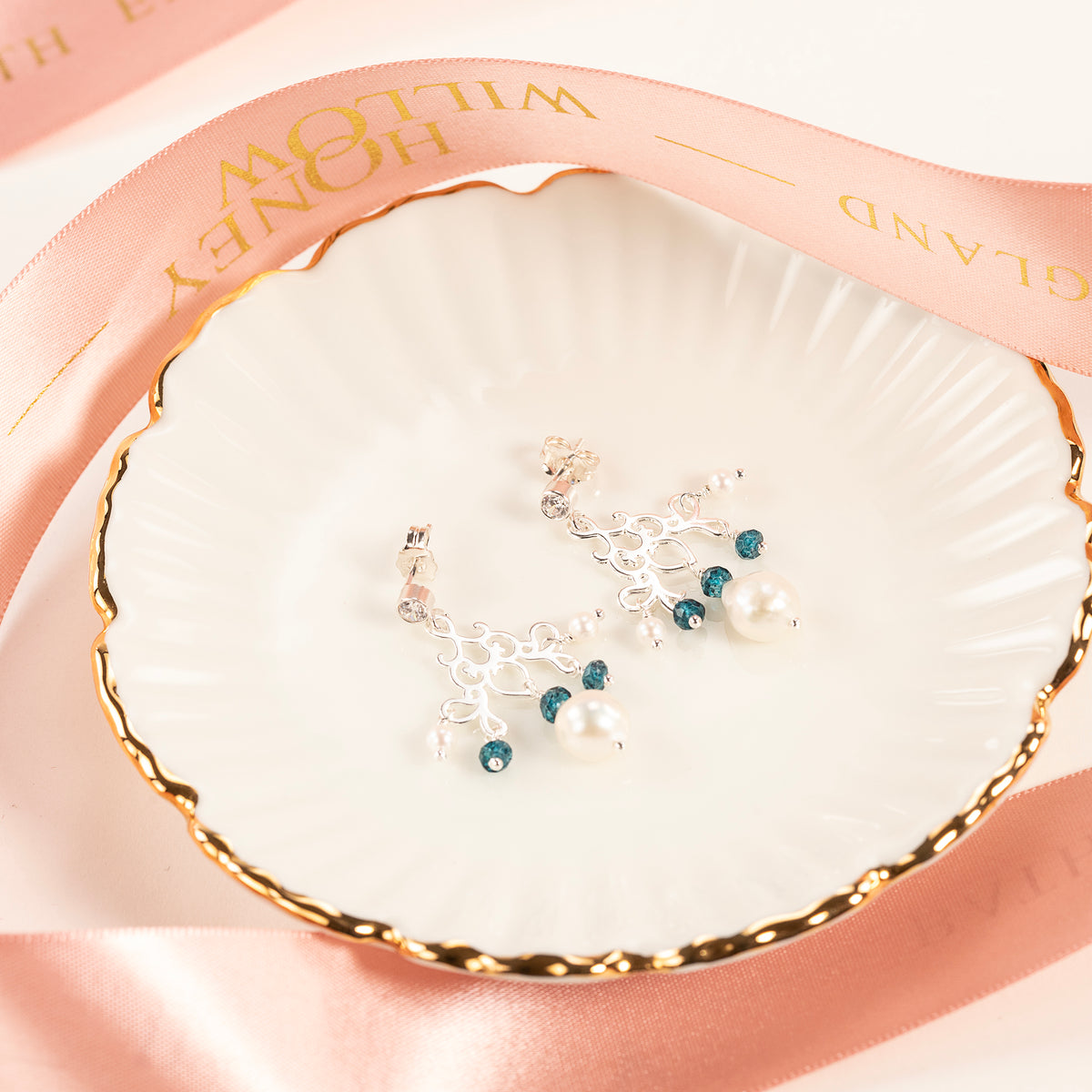 Filigree, Blue Topaz & Pearl Earrings - Bridgerton Inspired - Charlotte