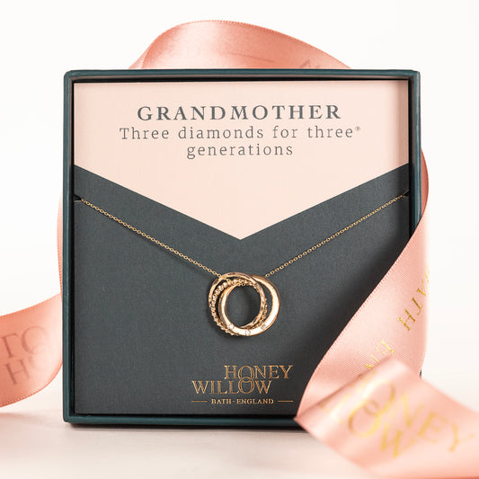 Gift for Grandmother - 3 Diamonds for 3 Generations - 9kt Gold Necklace