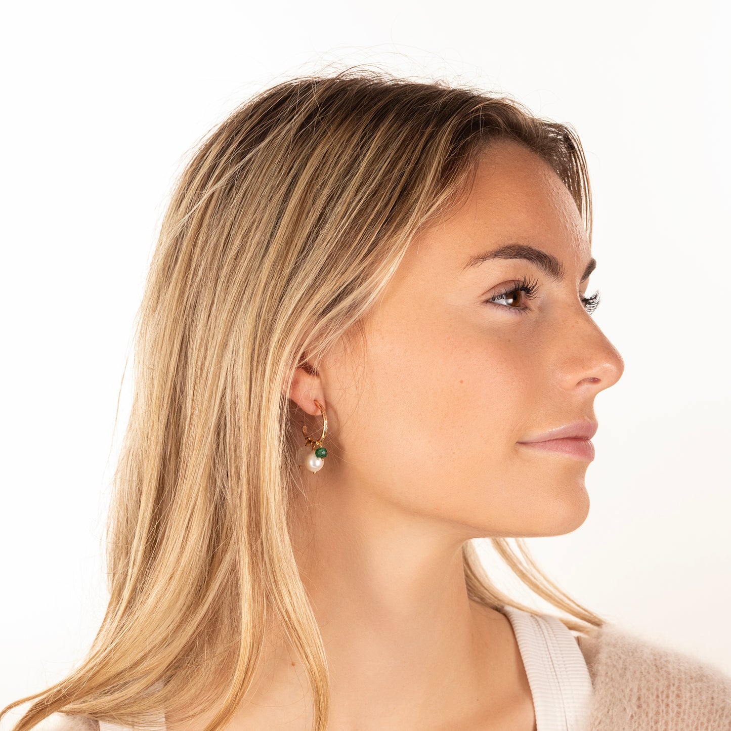 Petite Gold Hoops with 3 Charms - Pearl, Moonstone & Emerald