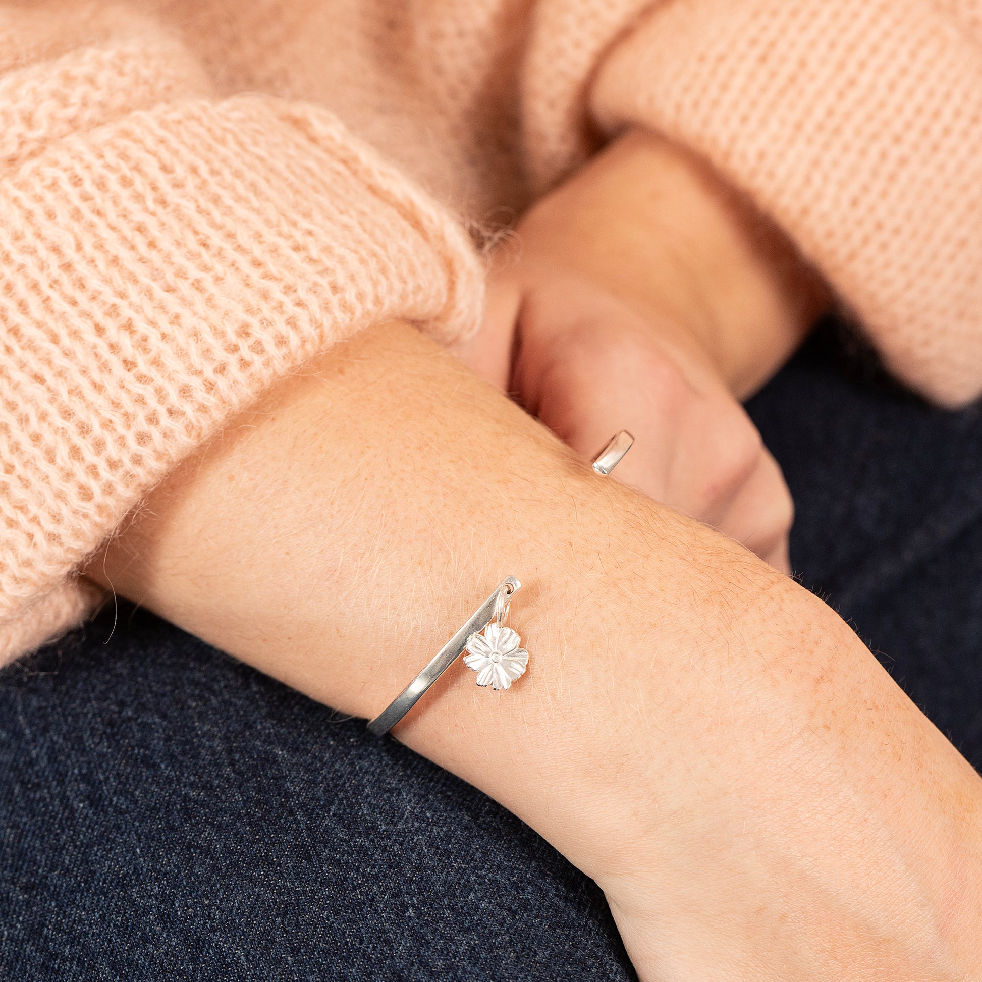 Personalised Cosmos Flower Open Cuff Bangle - Balance - Silver