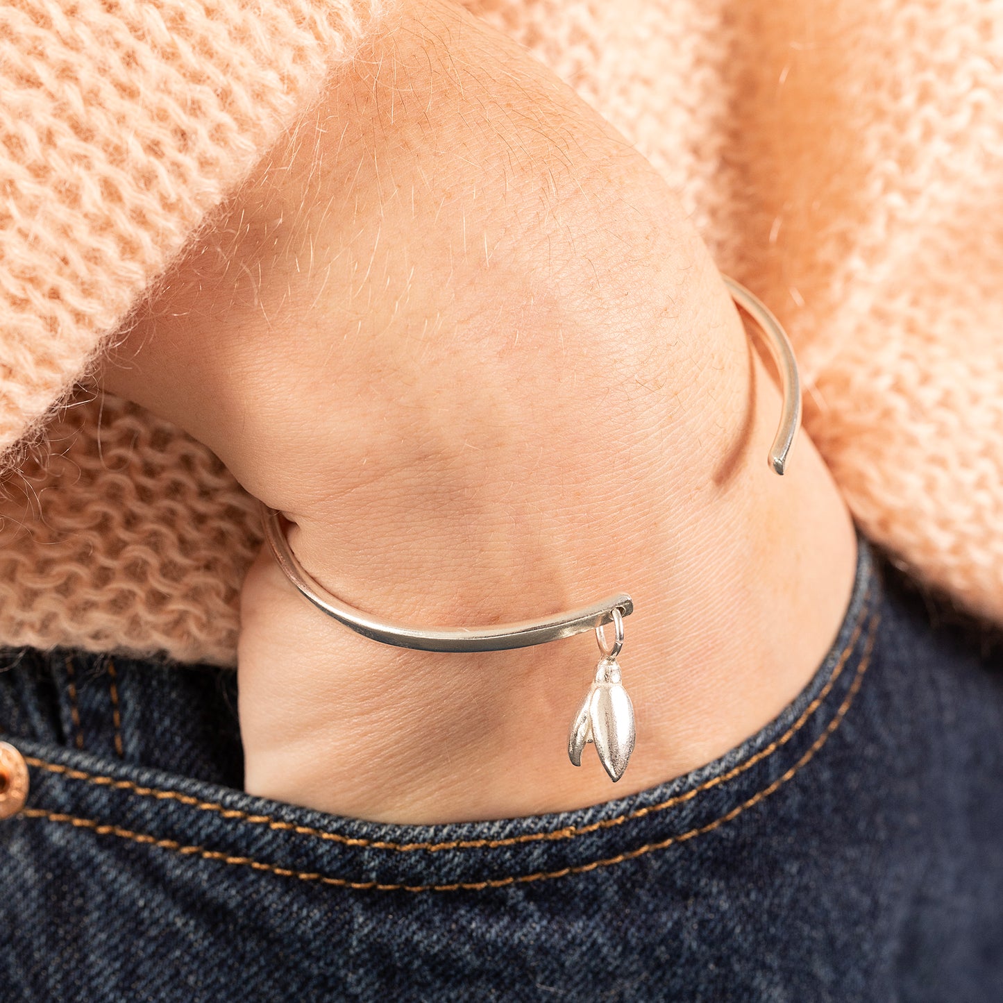 January Birth Flower Jewellery - Personalised Snowdrop Open Cuff Bangle - Silver