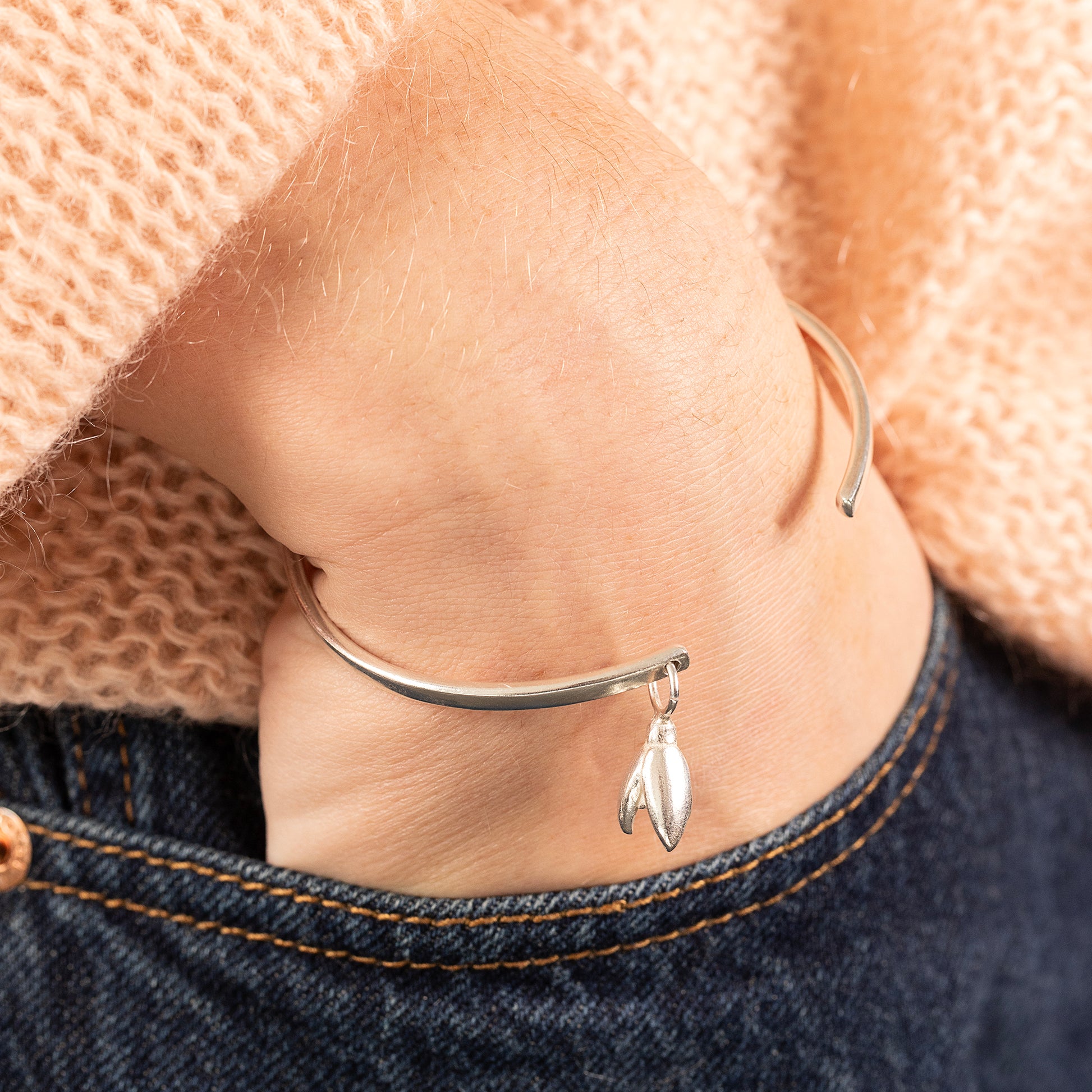 January Birth Flower Jewellery - Personalised Snowdrop Open Cuff Bangle - Silver