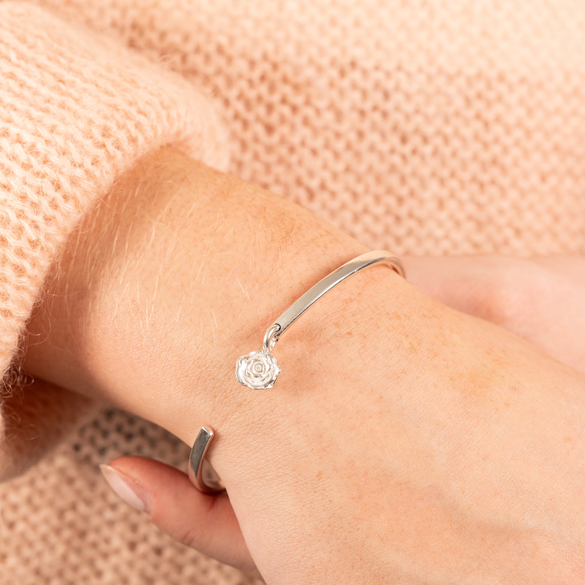 June Birth Flower Jewellery - Personalised Rose Open Cuff Bangle - Silver