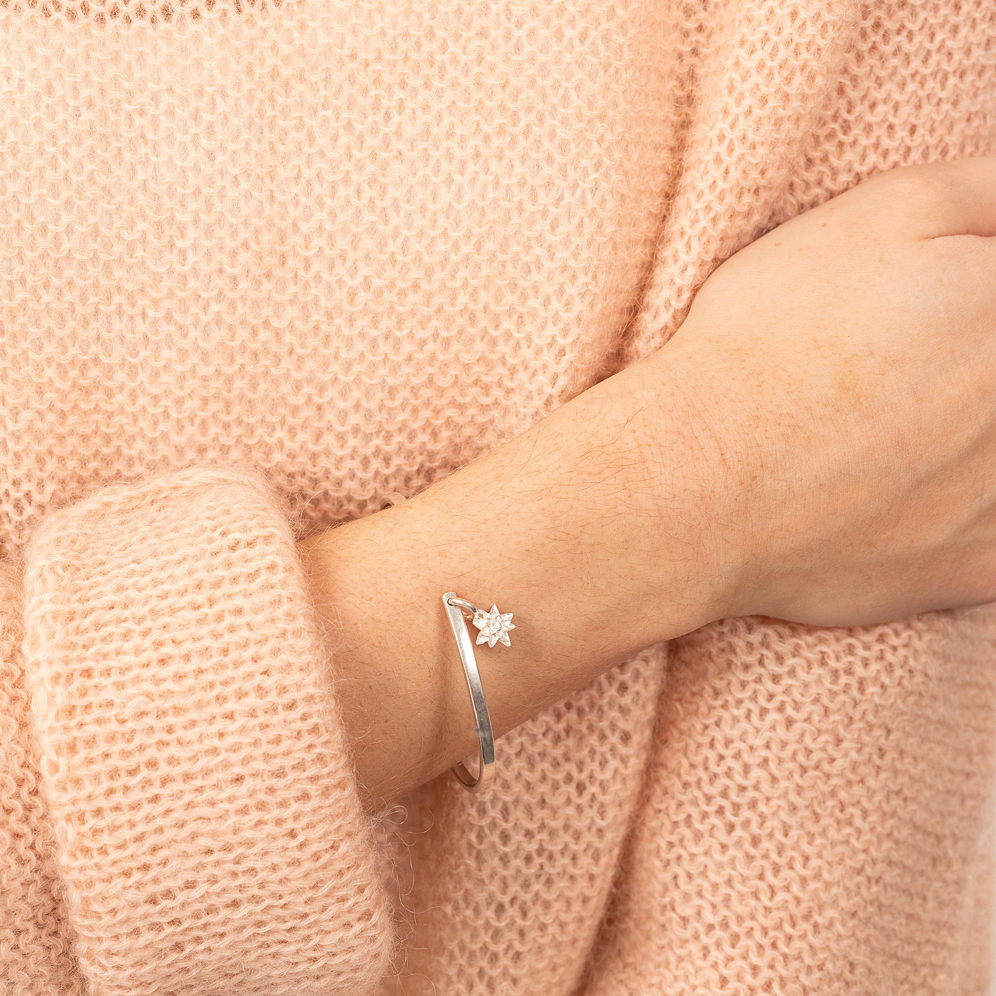 July Birth Flower Jewellery - Personalised Waterlily Flower Open Cuff Bangle - Silver