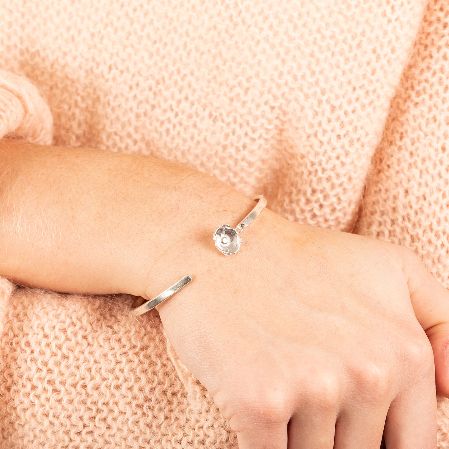 Personalised Poppy Flower Open Cuff Bangle - Remembrance - Silver
