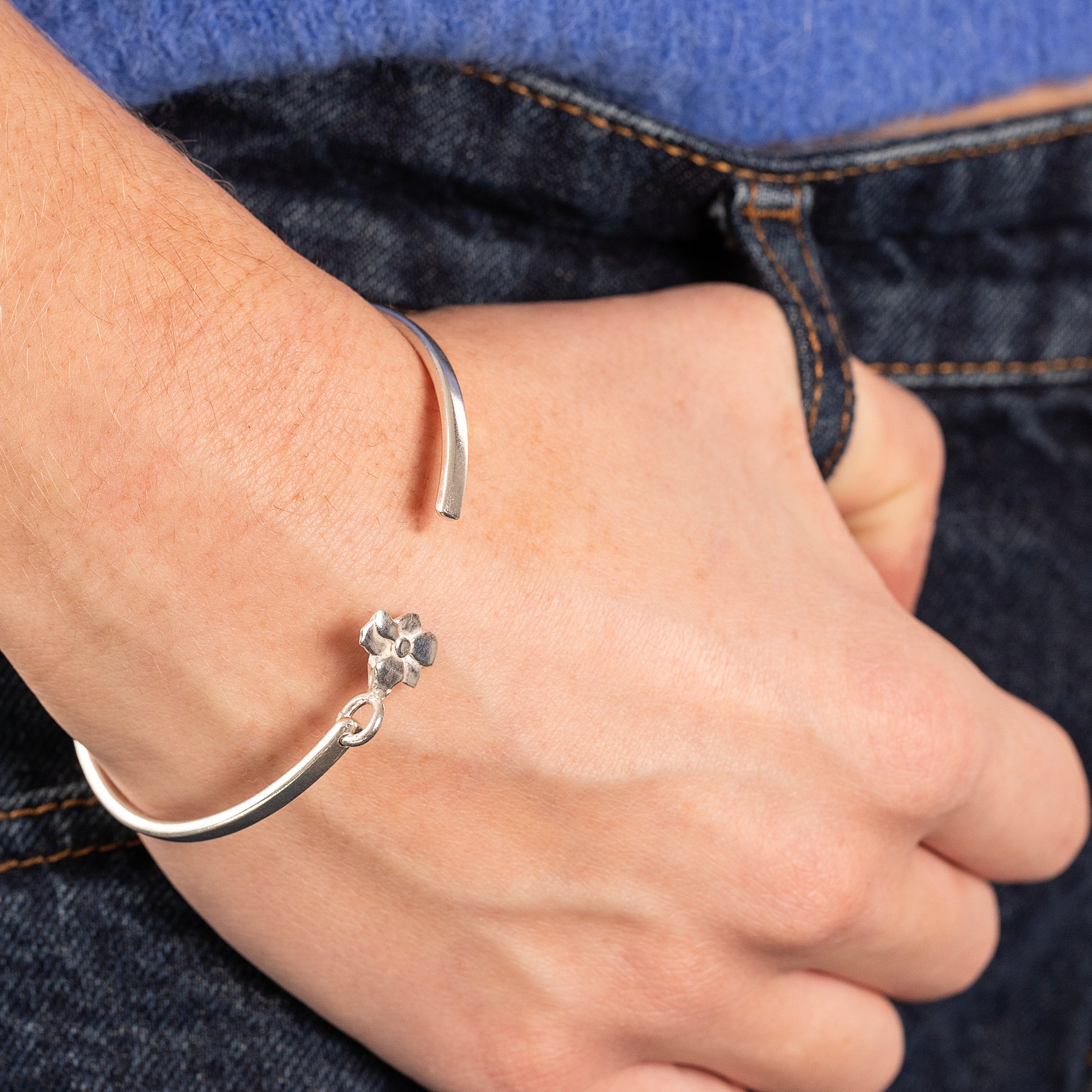 Personalised Gladiolus Flower Open Cuff Bangle - Strength - Silver