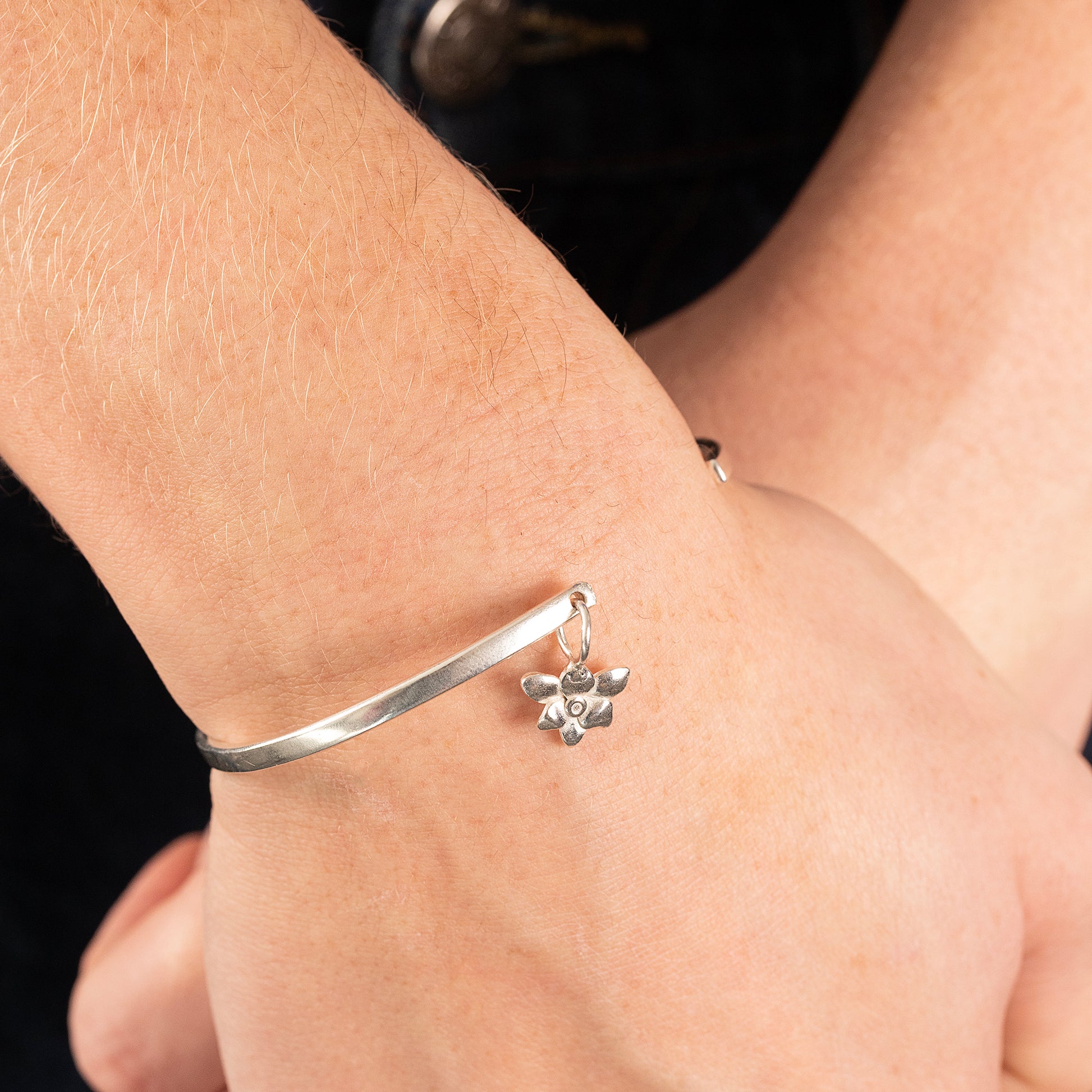 7th Anniversary Gift - Personalised Freesia Flower Open Cuff Bangle - Silver