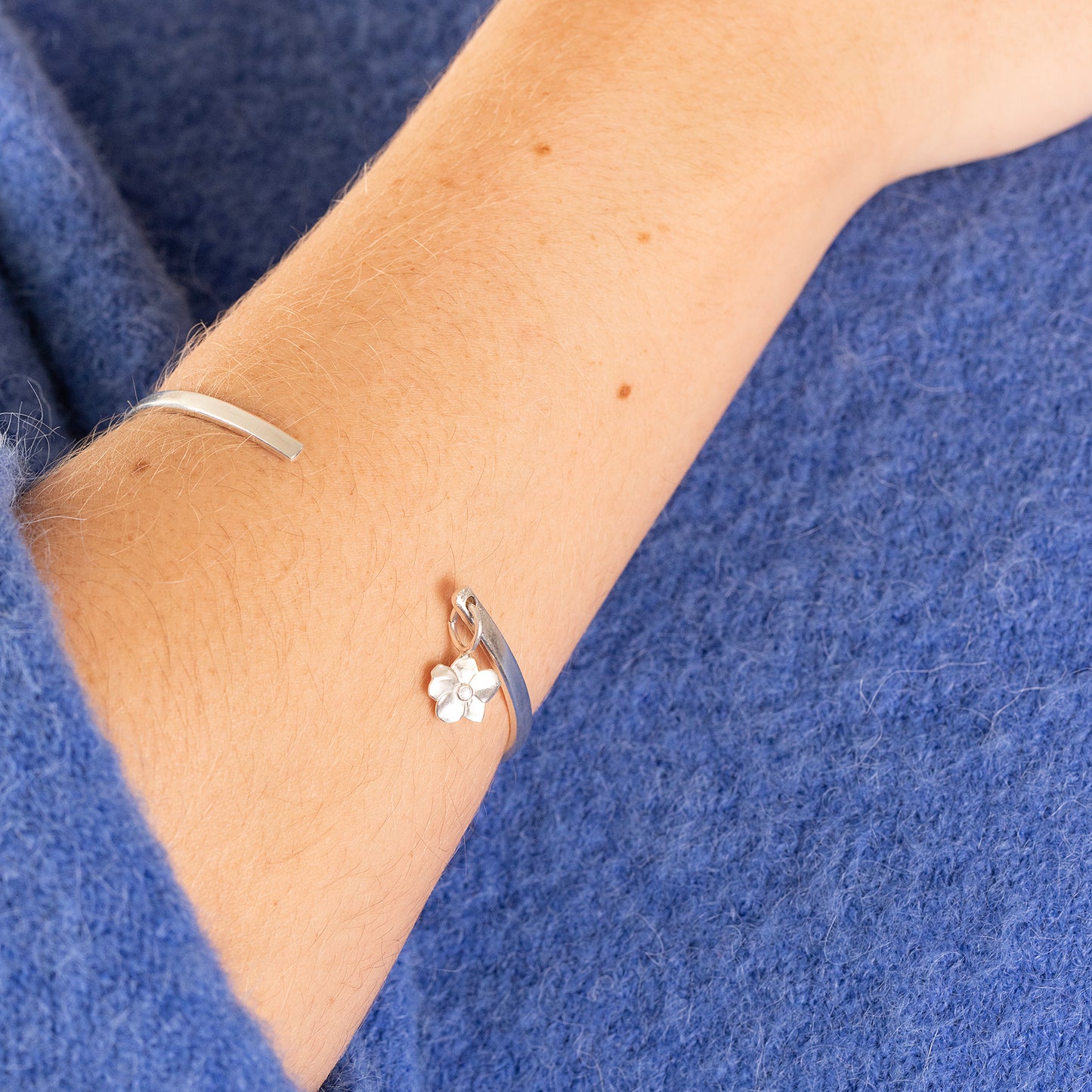 Personalised Windflower Open Cuff Bangle - Unfading Love - Silver