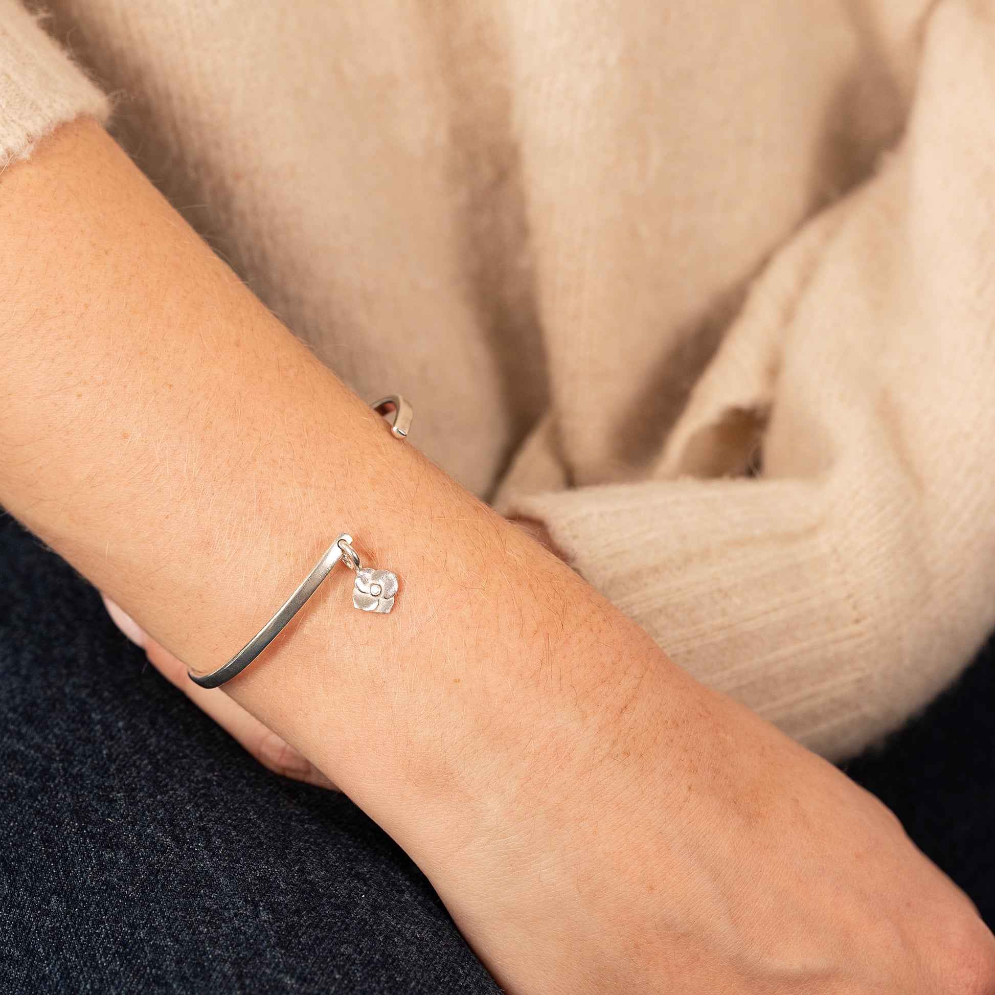 November Birth Flower Jewellery - Personalised Hydrangea Open Cuff Bangle - Silver