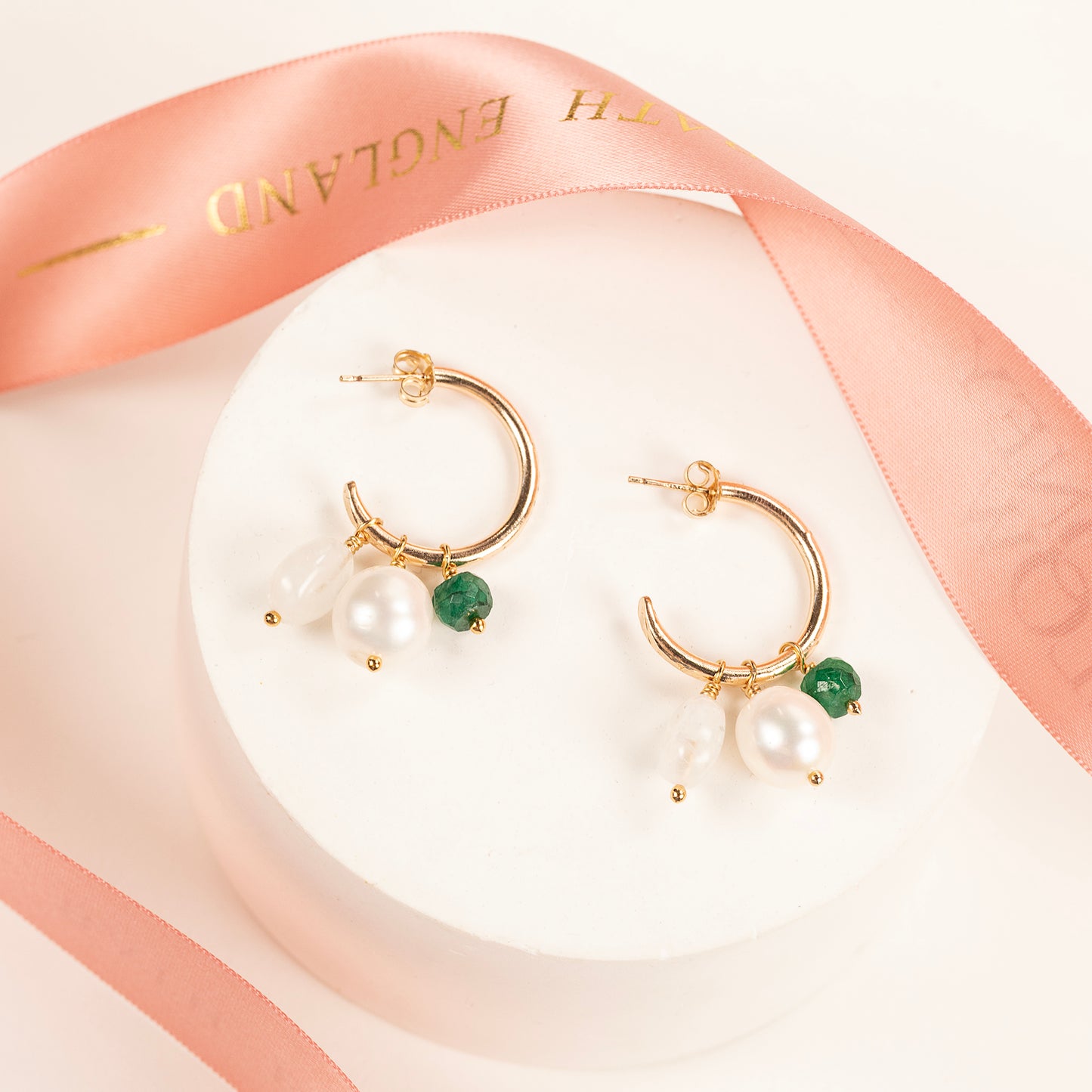 Petite Gold Hoops with 3 Charms - Pearl, Moonstone & Emerald