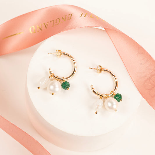 Petite Gold Hoops with 3 Charms - Pearl, Moonstone & Emerald