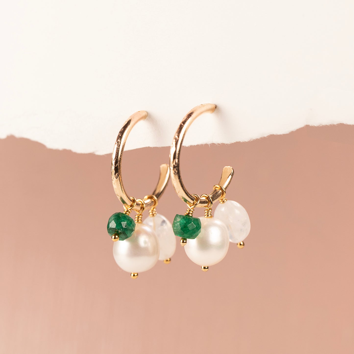 Petite Gold Hoops with 3 Charms - Pearl, Moonstone & Emerald