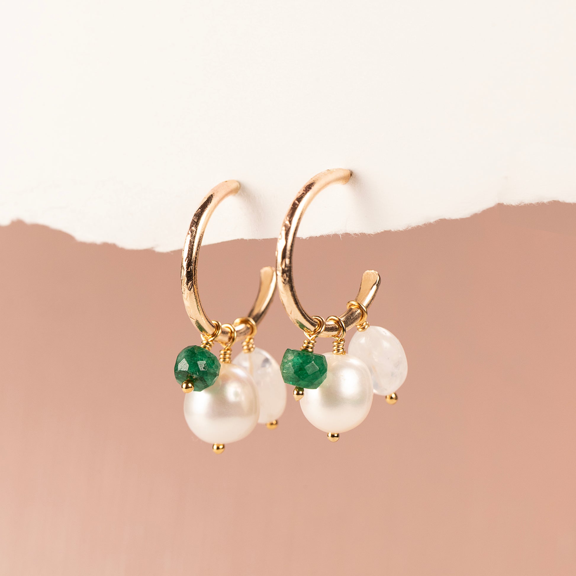 Petite Gold Hoops with 3 Charms - Pearl, Moonstone & Emerald