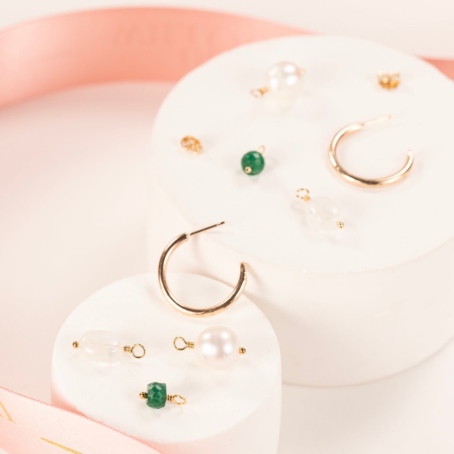 Petite Gold Hoops with 3 Charms - Pearl, Moonstone & Emerald