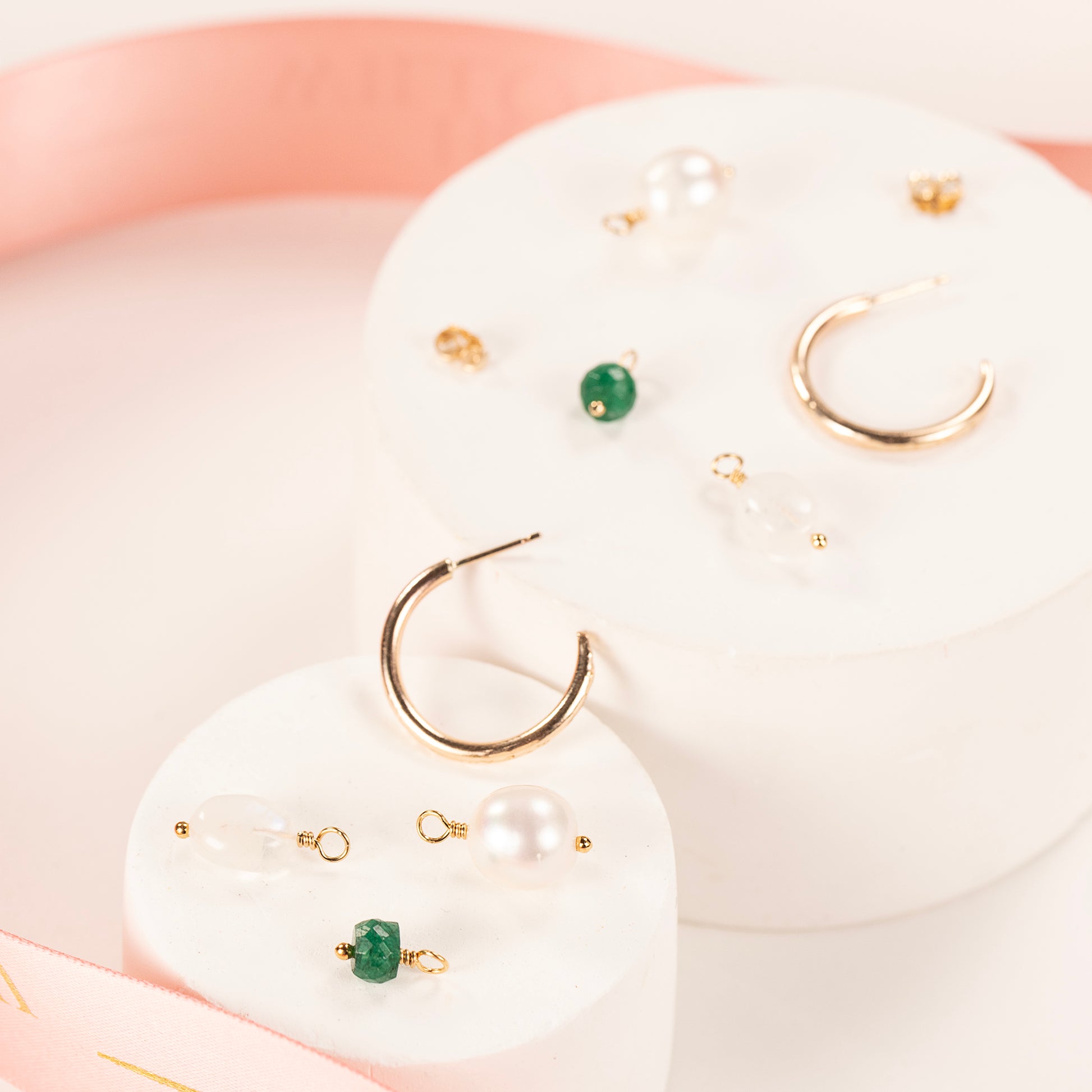 Petite Gold Hoops with 3 Charms - Pearl, Moonstone & Emerald