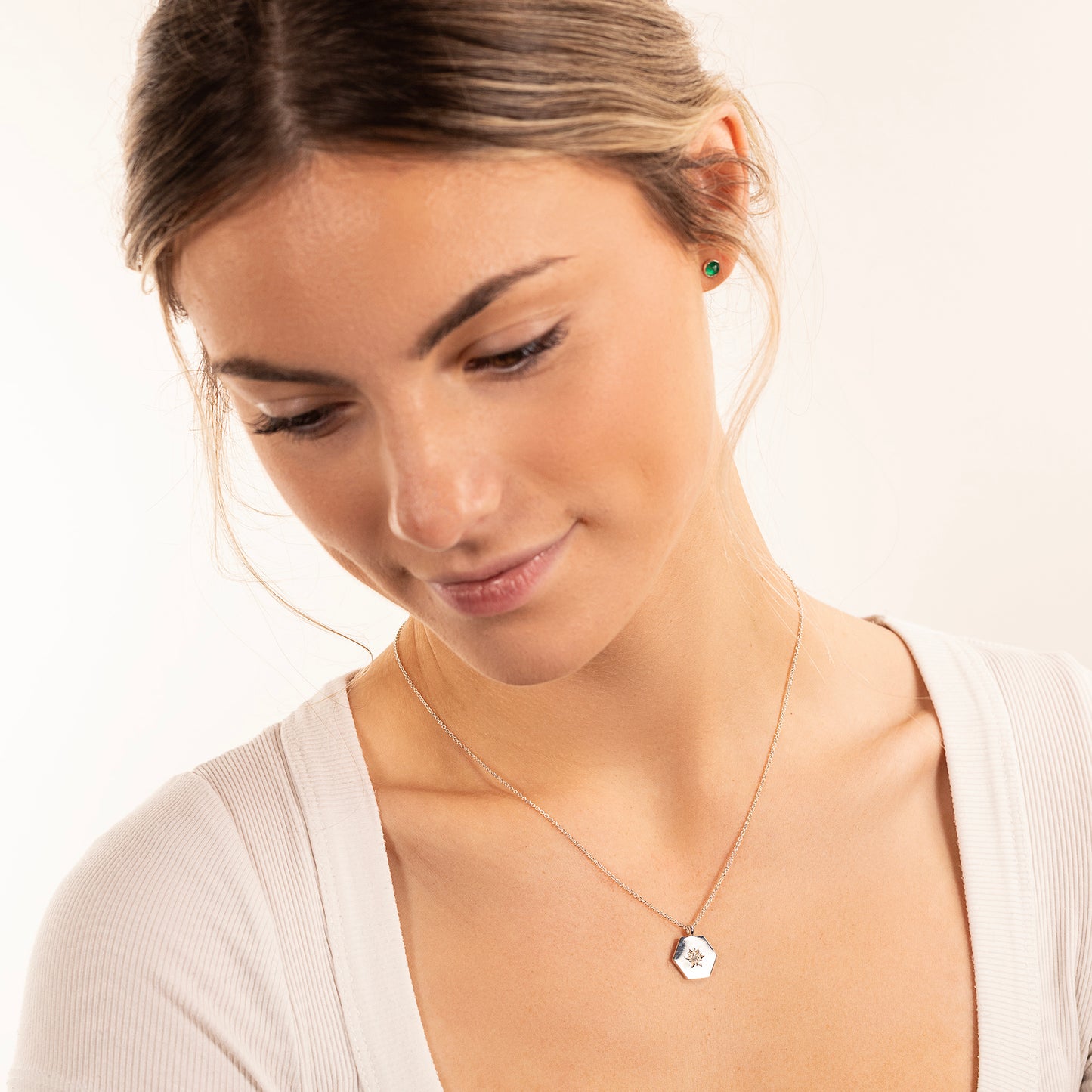Hexagon Necklace with Star Set Diamond - Silver & Lab Grown Diamond