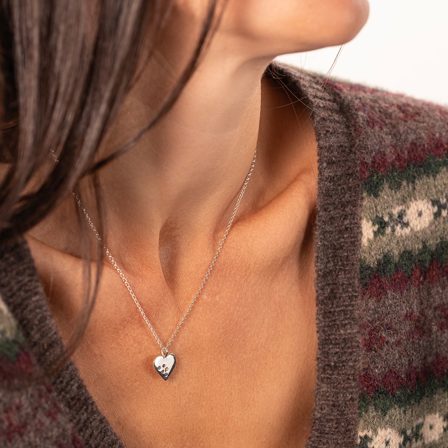 Silver Heart Necklace with 5 Birthstones for 5 Loved Ones