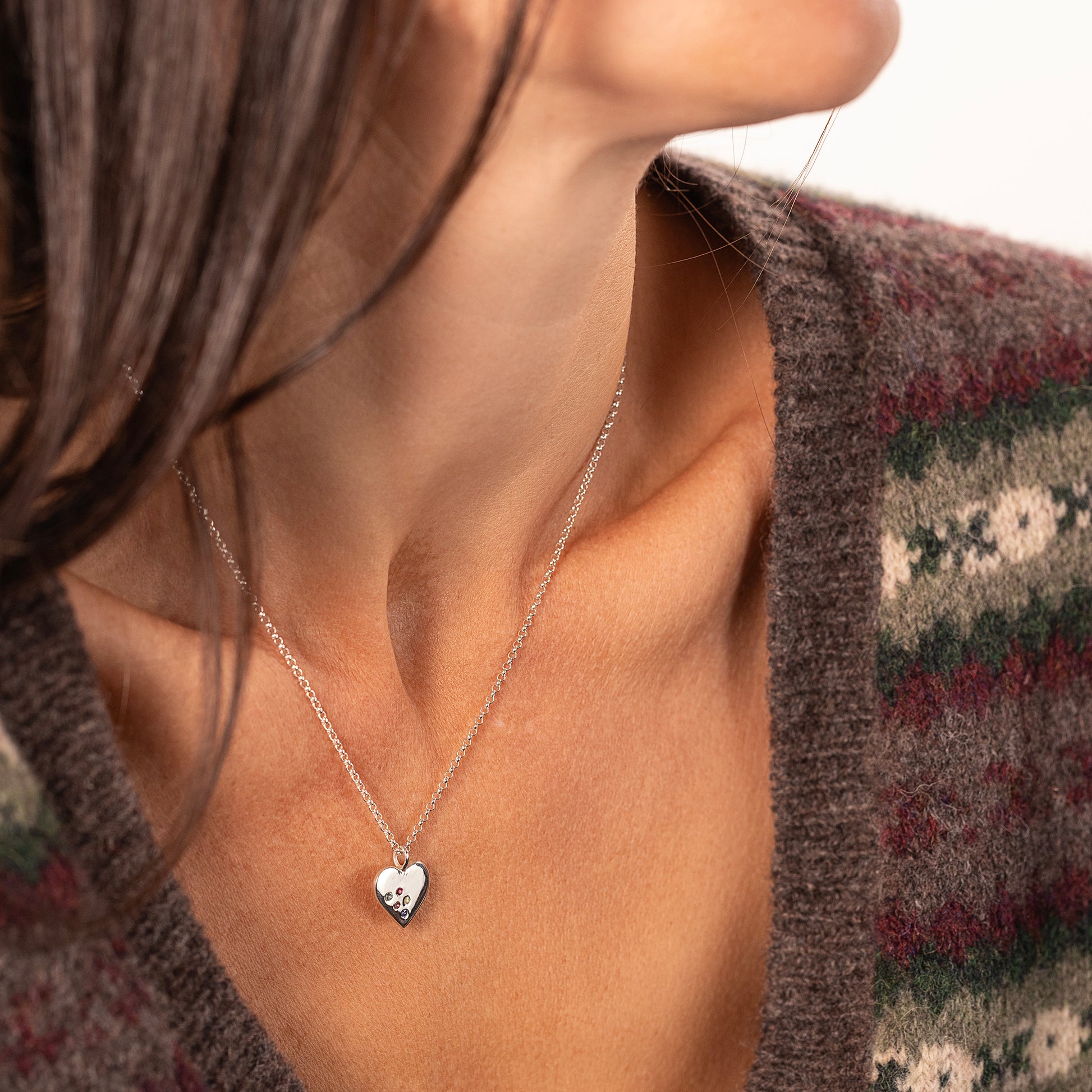 Silver Heart Necklace with 5 Birthstones for 5 Loved Ones