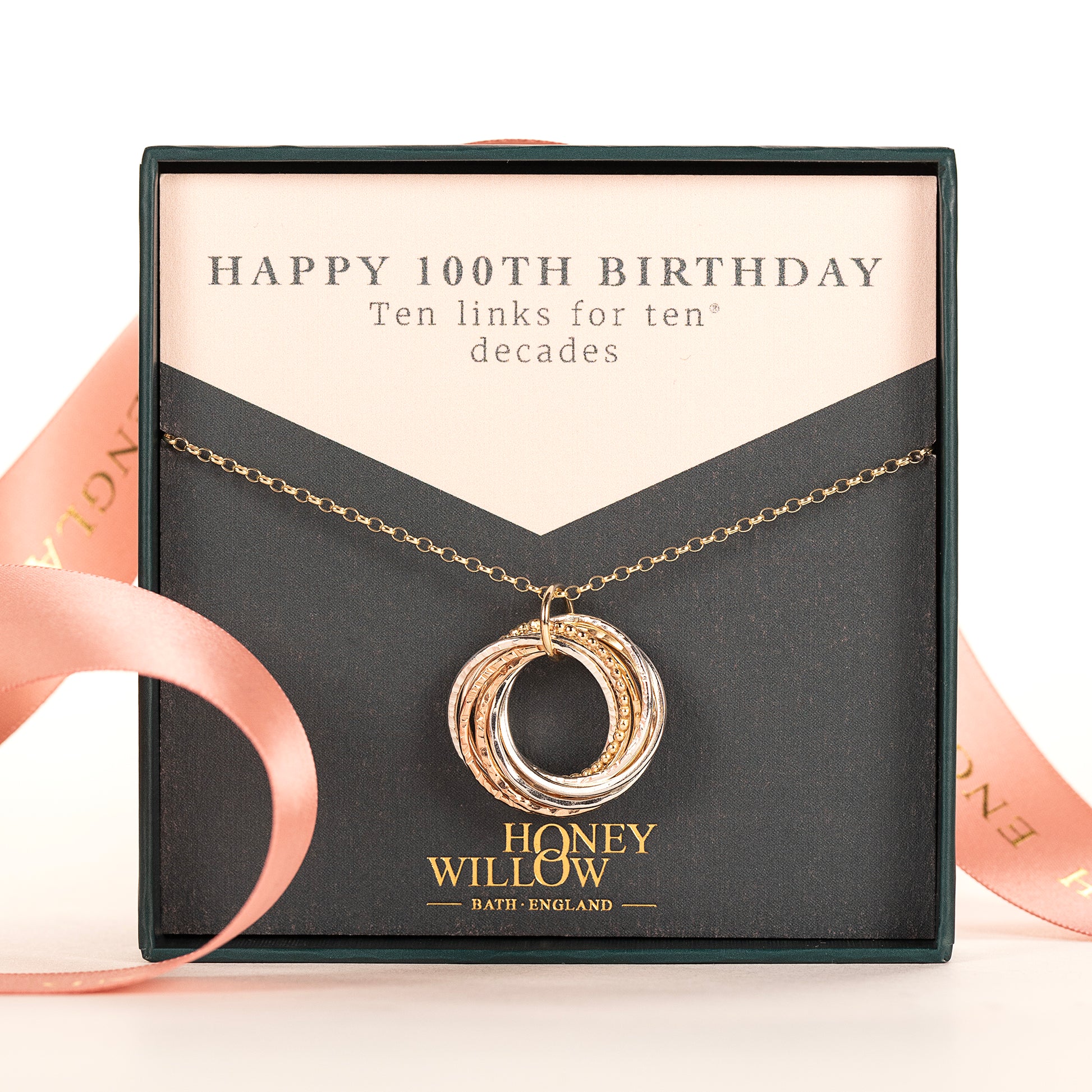 9kt Gold 100th Birthday Necklace - The Original 10 Links for 10 Decades Necklace - Recycled Gold, Rose Gold & Silver