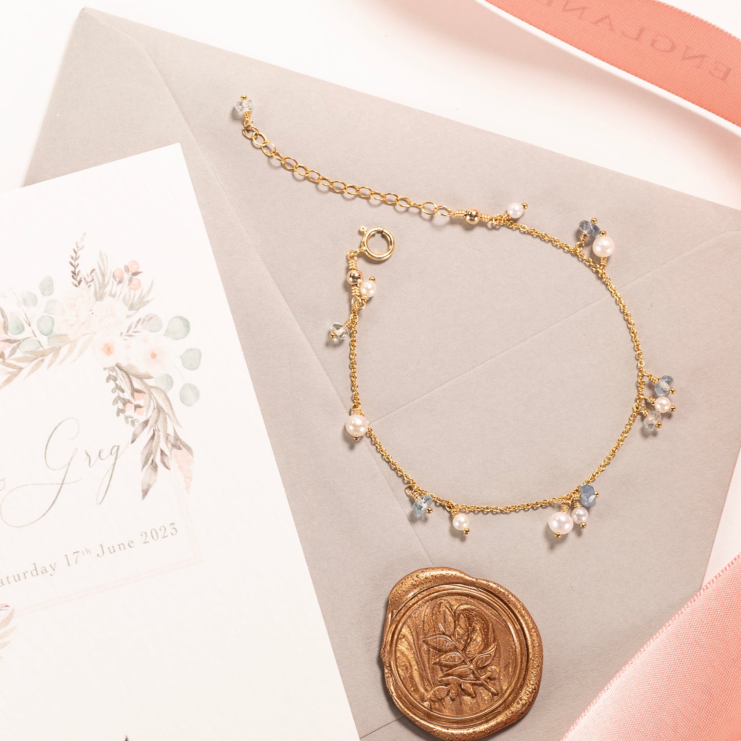 Aquamarine & Pearl Cluster Bracelet - Jane - Silver & Gold