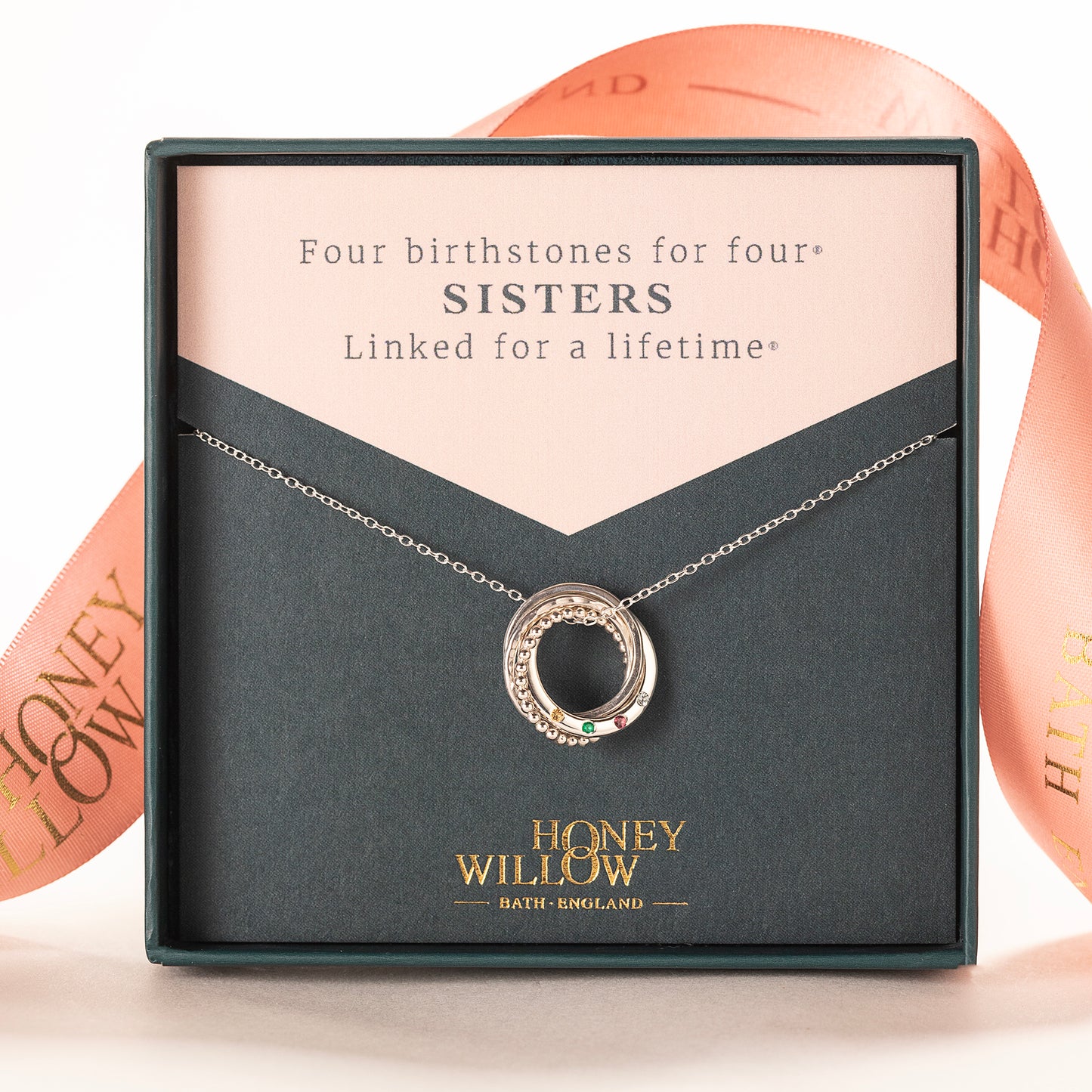 Personalised 4 Sisters Necklace - Hand-Stamped - Petite Silver - 4 Birthstones for 4 Sisters