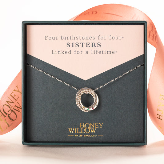 Personalised 4 Sisters Necklace - Hand-Stamped - Petite Silver - 4 Birthstones for 4 Sisters