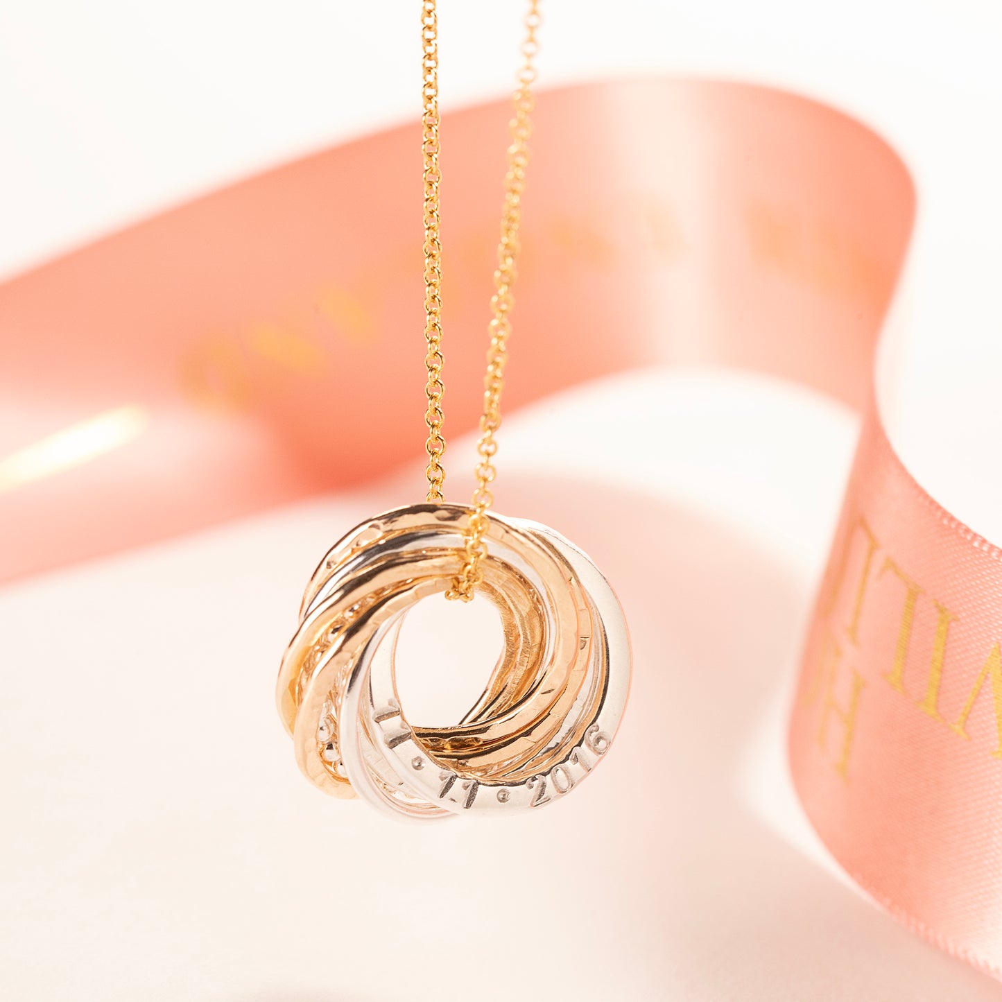 Personalised 9th Anniversary Necklace - Hand-Stamped - The Original 9 Rings for 9 Years Necklace - Petite Silver & Gold