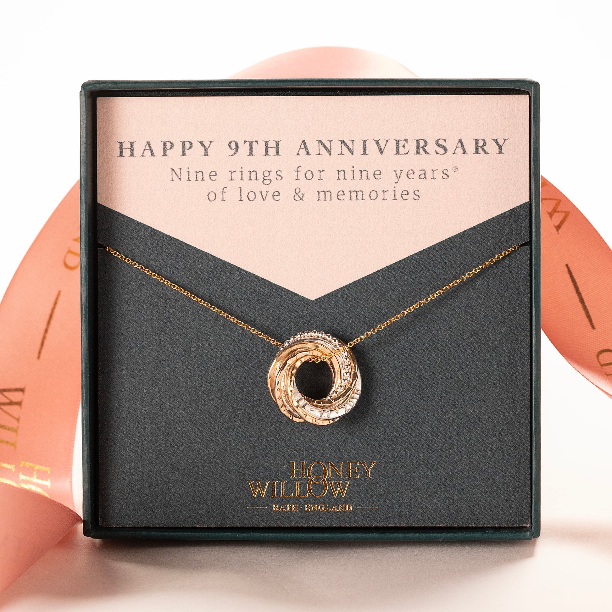 Personalised 9th Anniversary Necklace - Hand-Stamped - The Original 9 Rings for 9 Years Necklace - Petite Silver & Gold