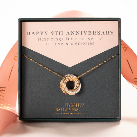 Personalised 9th Anniversary Necklace - Hand-Stamped - The Original 9 Rings for 9 Years Necklace - Petite Silver & Gold