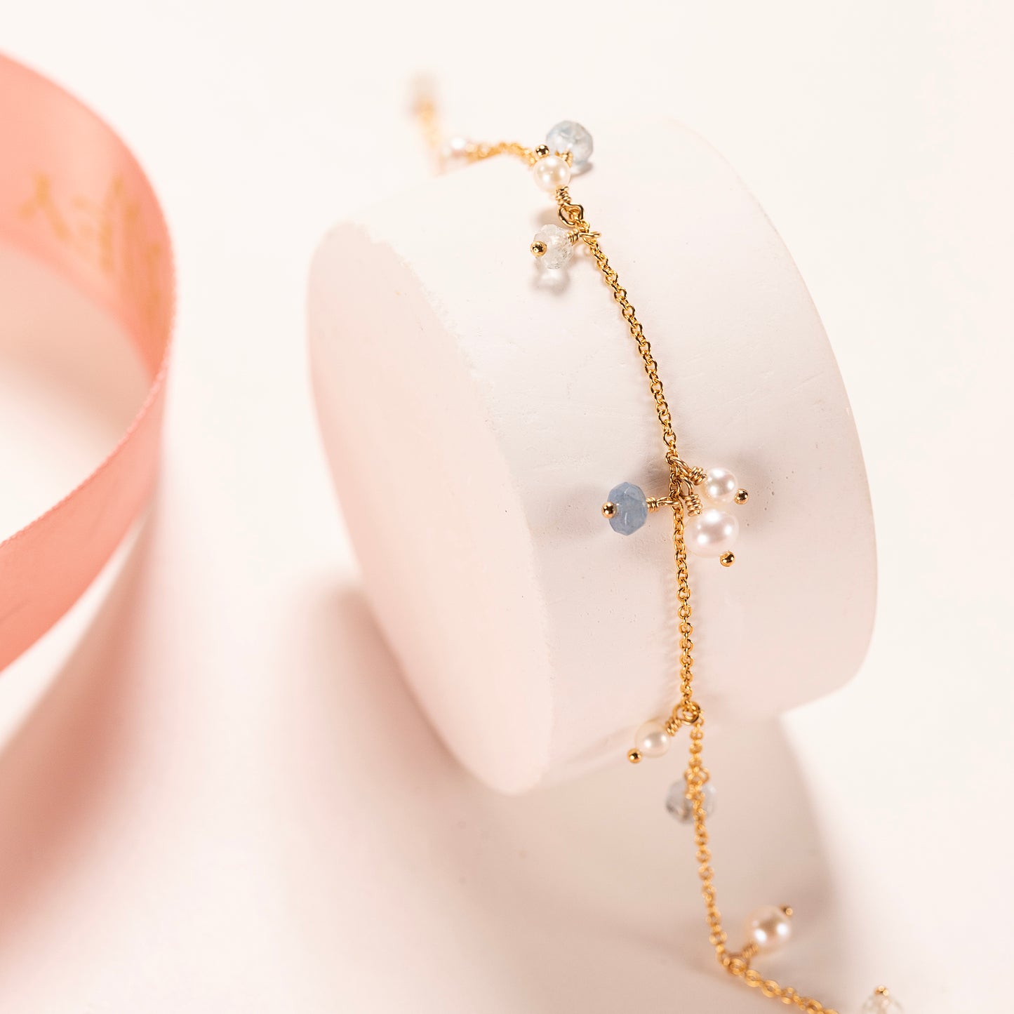Aquamarine & Pearl Cluster Bracelet - Jane - Silver & Gold