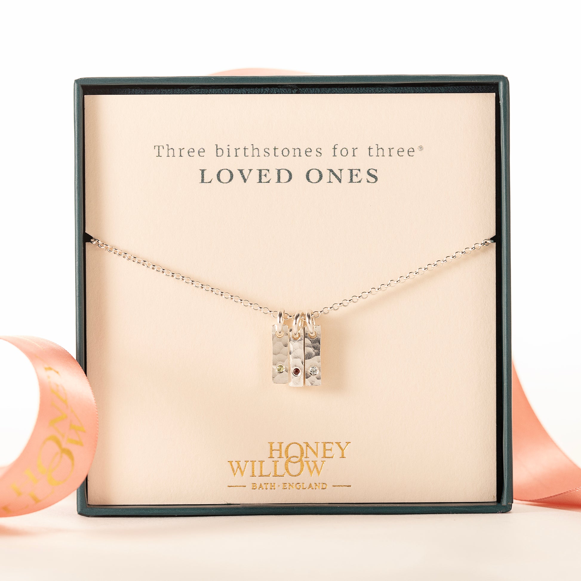 Family Birthstone Mini Column Necklace - 3 Birthstones for 3 Loved Ones - Silver