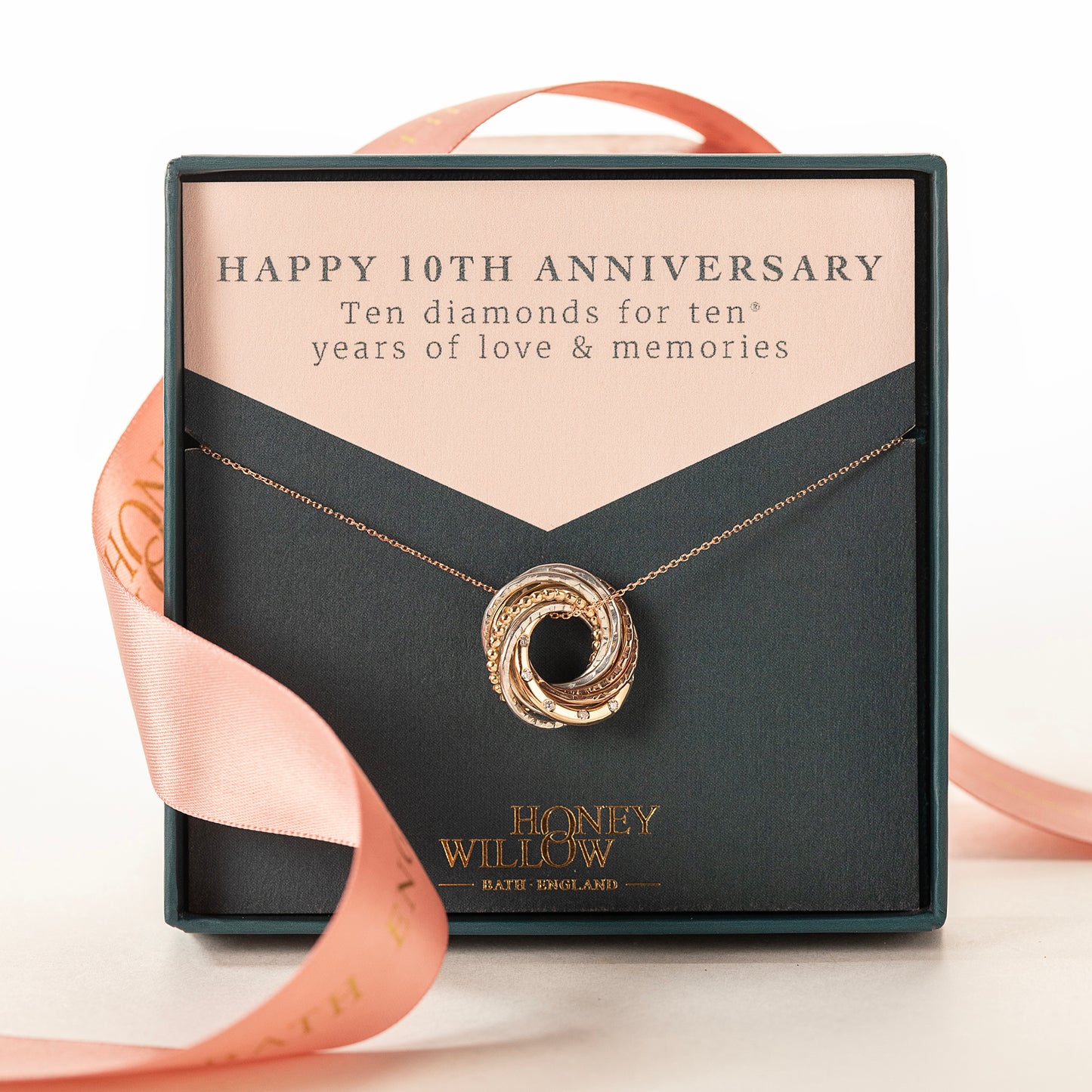 10th Anniversary Necklace - 10 Diamonds for 10 Years - 9kt Gold - Rose Gold - Silver