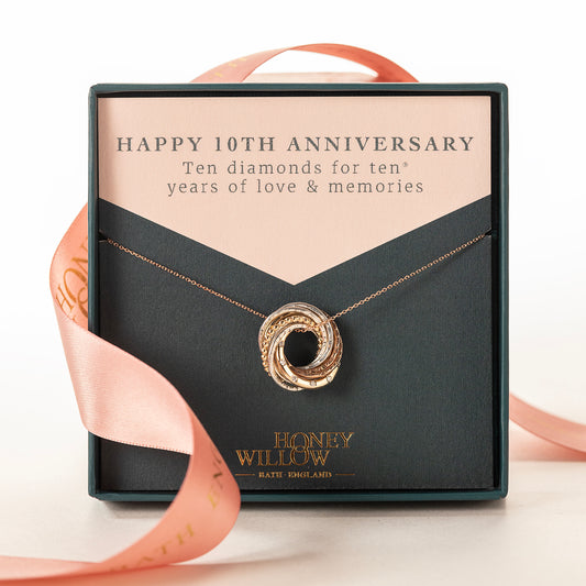 10th Anniversary Necklace - 10 Diamonds for 10 Years - 9kt Gold - Rose Gold - Silver