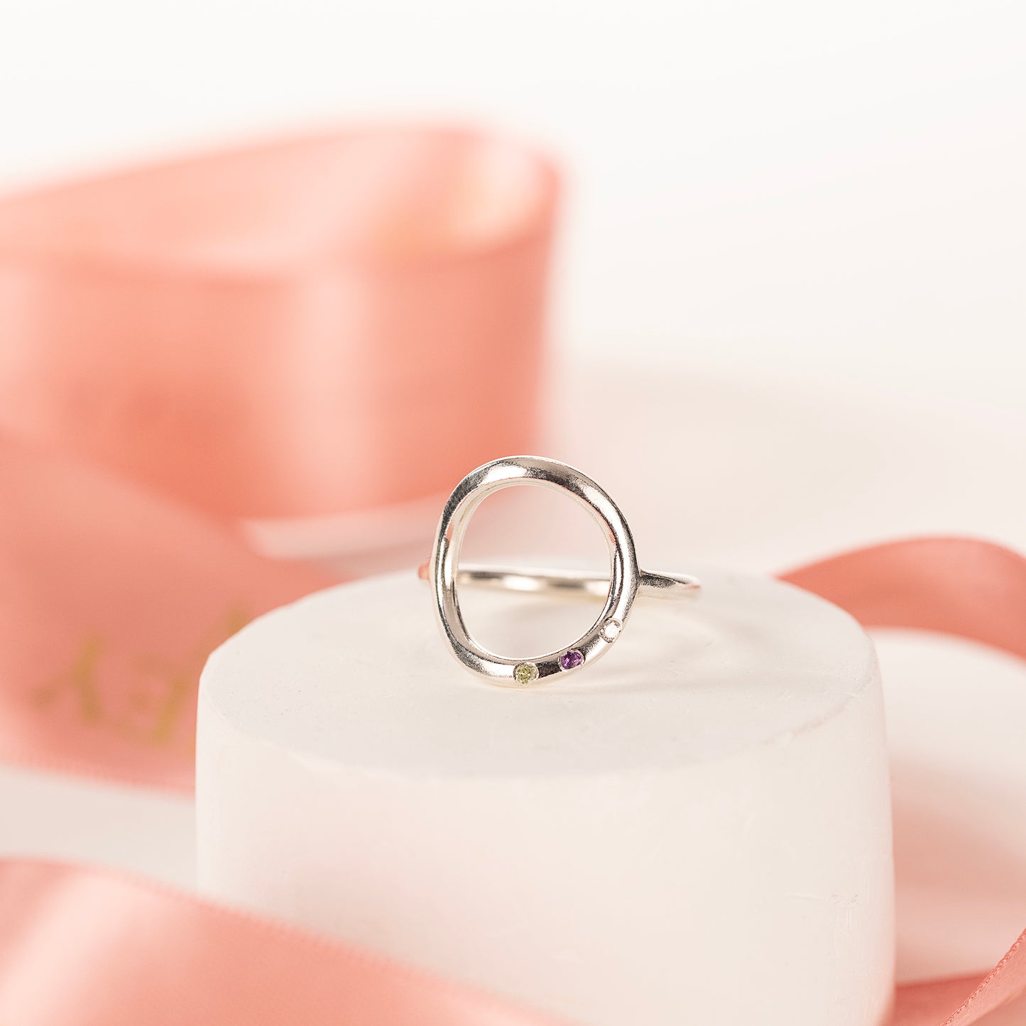 Family Birthstone Halo Ring - Birthstones for Loved Ones - Silver