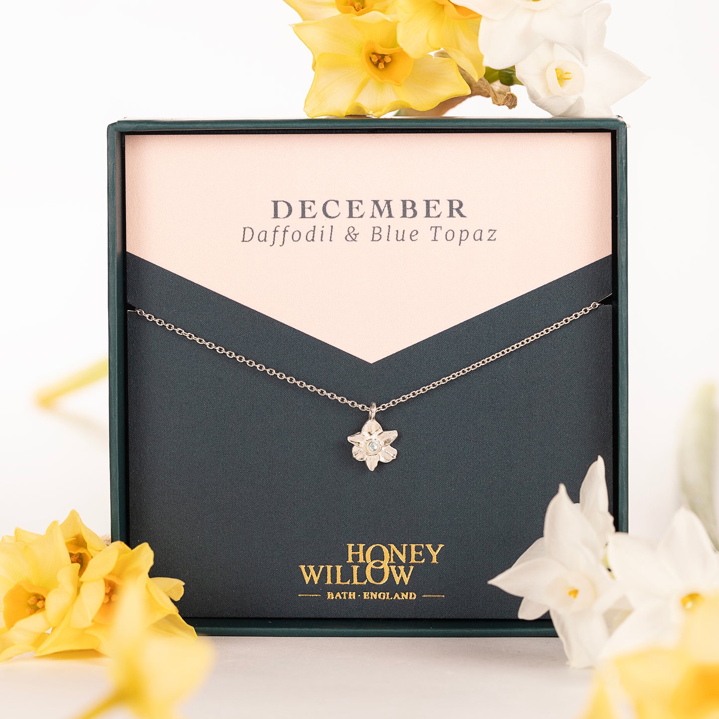 December Birth Flower & Birthstone Necklace - Daffodil & Blue Topaz - Silver