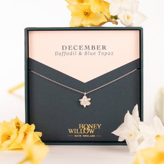 December Birth Flower & Birthstone Necklace - Daffodil & Blue Topaz - Silver