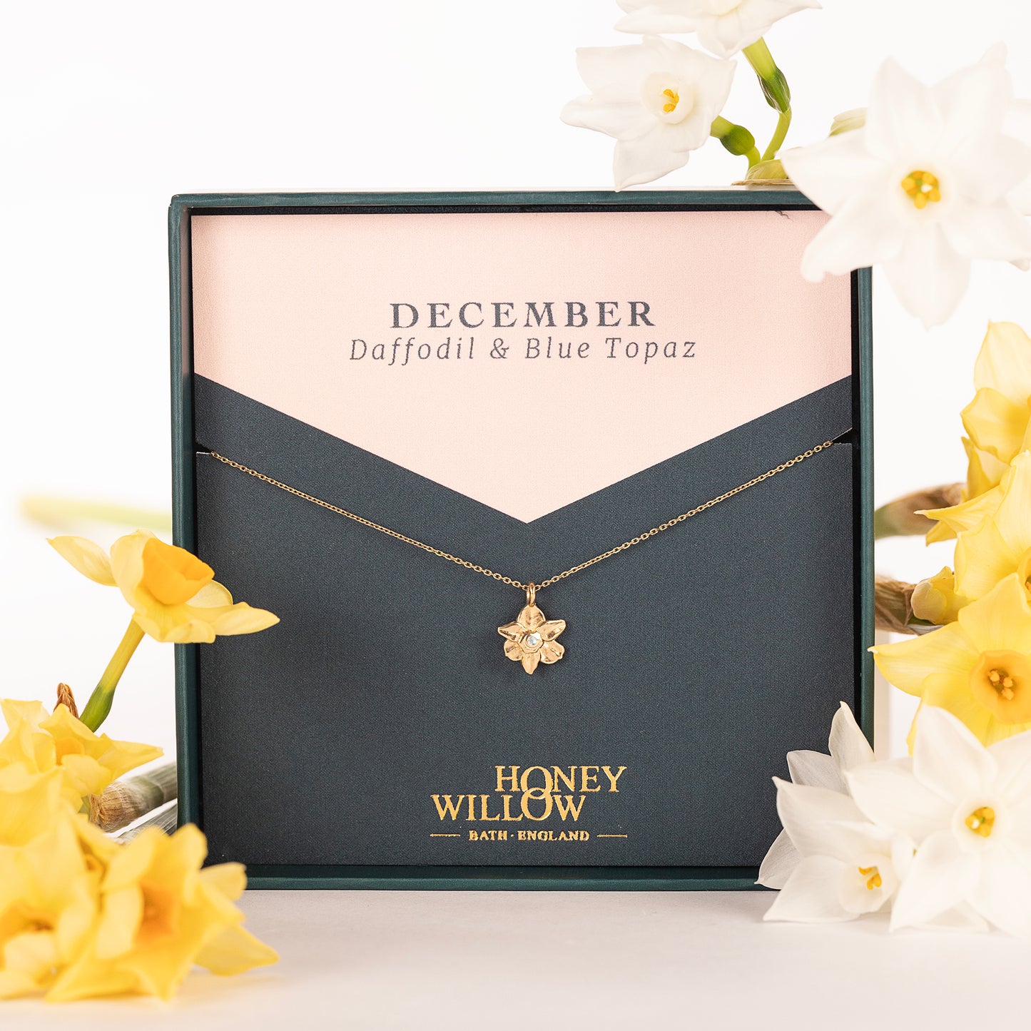 December Birth Flower & Birthstone Necklace - Daffodil & Blue Topaz - 9kt Gold