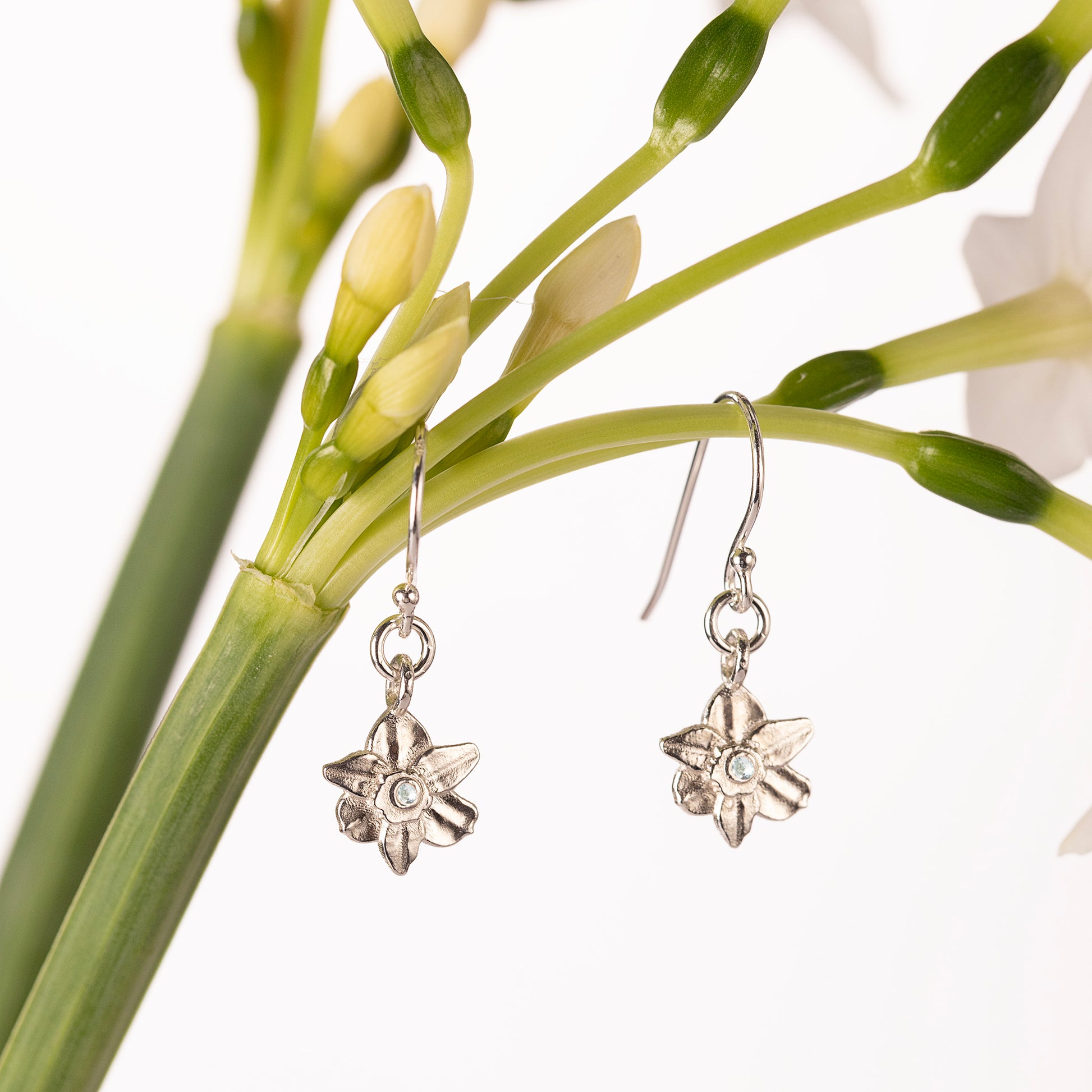 December Birth Flower & Birthstone Earrings - Daffodil & Blue Topaz - Silver