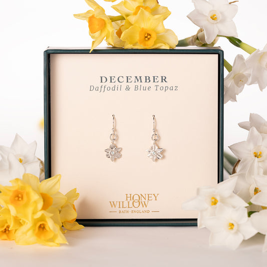 December Birth Flower & Birthstone Earrings - Daffodil & Blue Topaz - Silver